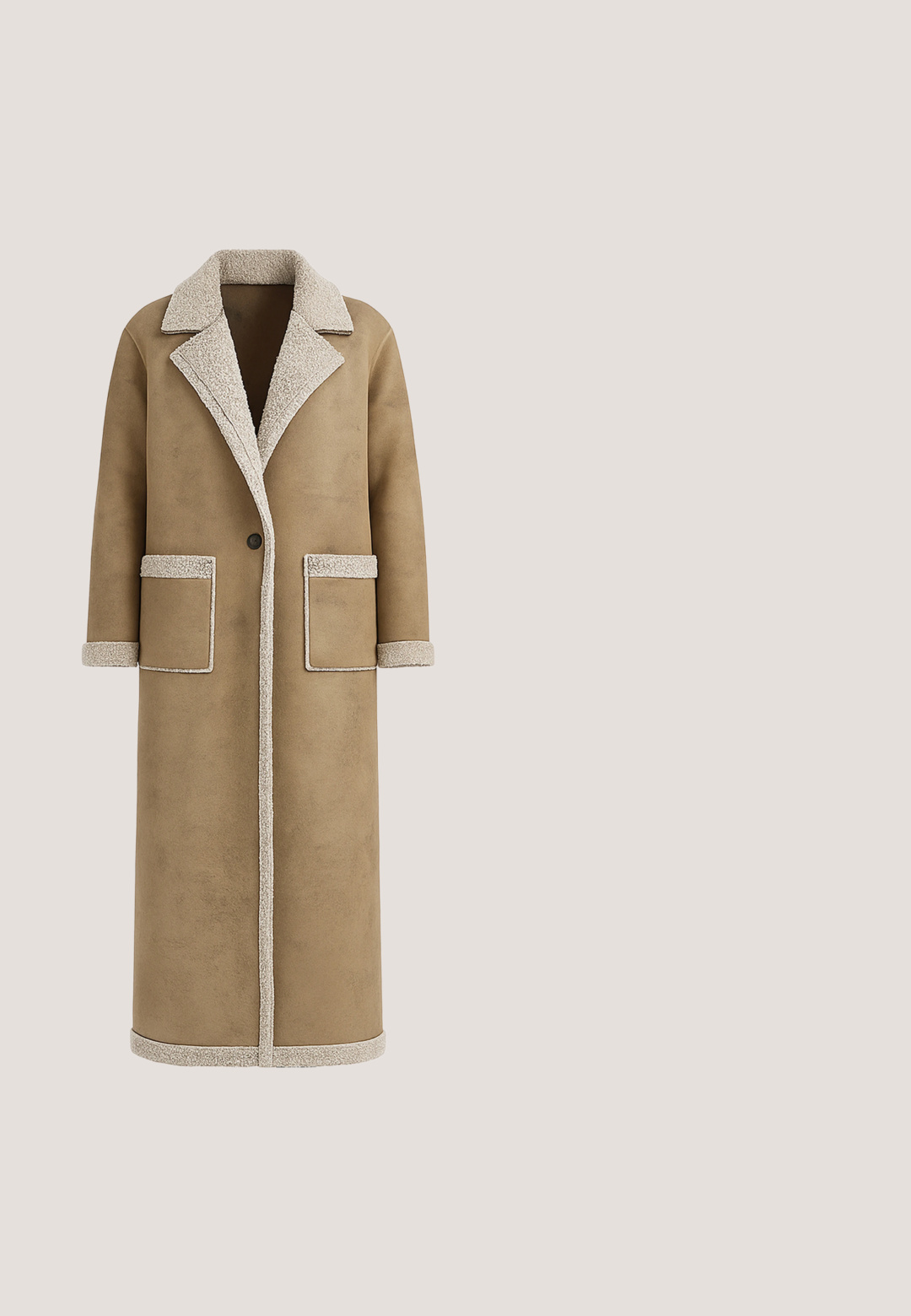 Long manteau marron avec un col texturé beige et des bordures, doté de deux poches avant et d'une fermeture à un bouton. Finition en tissu doux.; Pull col roulé crème à manches longues avec poignets et ourlet côtelés, présenté sur un fond blanc uni.; Pantalon large en tissu blanc cassé, avec taille haute, doppiel plis et fermeture à bouton. Texture lisse et design tailored.; Bottine en daim marron avec revers en fourrure, œillets dorés, lacets épais et talon large. Caractérisée par une semelle texturée pour une meilleure adhérence.; Écharpe en laine beige douce pliée en une boucle lâche avec les deux extrémités pendantes de manière symétrique sur un fond blanc.; Gants en cuir marron dotés d'une texture lisse, d'un design à cinq doigts et d'une accent de fermeture éclair au poignet avec un détail en tissu froncé.