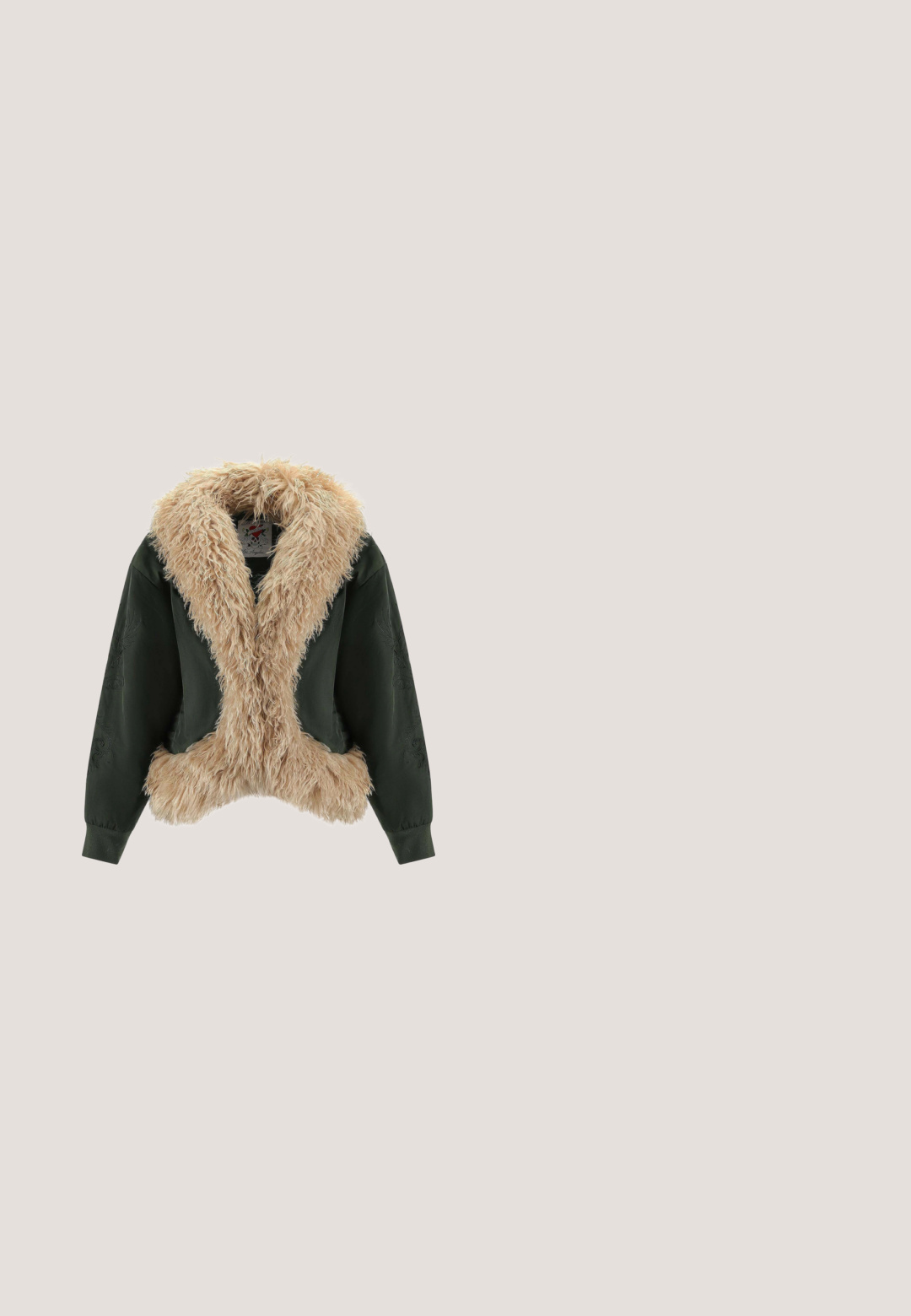 Kort jack van donker groen materiaal met een beige nepbont kraag en zoom, ingewikkelde borduursels op de mouwen en aansluitende manchetten.; Zwart T-shirt met korte mouwen met een gedetailleerde afbeelding van een zwarte kat met gele ogen en een gekrulde staart aan de voorkant.; Vrouw draagt blauwe high-waist bootcut jeans, zwarte ballerina’s en een paarse korte mouwen T-shirt, staand tegen een effen lichte achtergrond.; Denim enkellaarzen in zwart en grijs, met een spitse neus, gelaagd design en een gestapeld hak. Zilveren accent op de neus.; Zwarte schoudertas met textuur, een met studs versierde band, een centrale ringen-detail en twee ronde zijzakken met rits.; Zilveren ketting met vijf hartvormige bedeltjes, met verschillende texturen en een klein driehoekig label. Verstelbare lengte met sluiting.