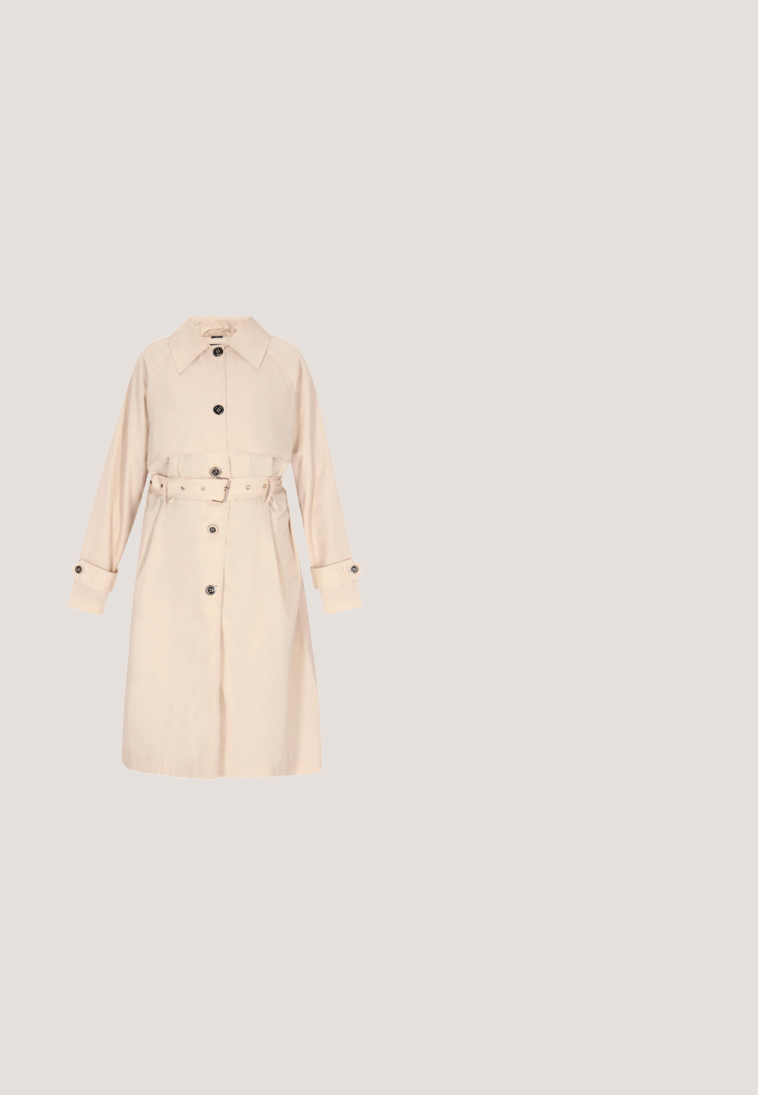 Beige trenchcoat med krave, knaplukning og bælte. Har klaeposer og lange ærmer med knapmanchetter. Glat tekstur.; Grå hættetrøje med en frontkangorupocket, snøre i hætten og hvidt logo på brystet. Materialet ser blødt og struktureret ud. Ribstrikkede manchetter og kant.; Beige langærmet tætsiddende top med bådudskæring, vist fladt på en lys baggrund.; Bukser med vide ben, høj talje og cremefarve med en glat front og lige kanter, vist mod en hvid baggrund.; Lavtsiddende Nike-sneaker i beige og creme med ruskindspaneler, snørebånd og en lille, broderet orange swoosh på hælen.; Beige skuldertaske i halvmåneform med en blød, polstret overflade. Har justerbar rem og lynlås langs den øverste kant.