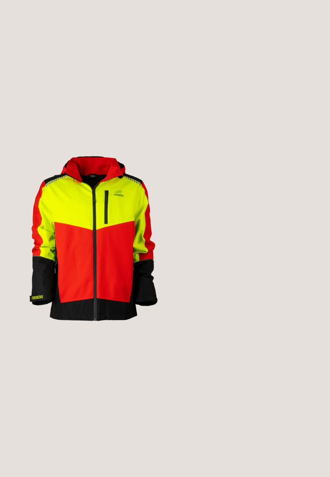 Chaqueta de alta visibilidad con paneles en amarillo neón, rojo y negro, con cremallera en la parte delantera, capucha y puños ajustables. Tela duradera y diseño ergonómico.; Mono de trabajo naranja brillante con cremallera frontal, múltiples bolsillos con cremallera, puños elásticos y cinturilla, diseñado para fines laborales o de seguridad.; Sudadera de manga larga y cuello con cremallera en un brillante amarillo neón, hecha de una tela suave con una textura lisa y detalles de costura mínimos.; Zapato de escalada con un upper sintético negro y marrón, que cuenta con dos correas de Velcro, una suela de goma y un tirador rojo en el talón.; Gafas de sol envolventes negras con lentes espejadas naranjas y detalle texturizado rojo en las varillas interiores, logo de Timberland en la patilla.; Bolso de deporte gris con dos asas resistentes, cierre superior con cremallera y un bolsillo lateral. Fabricado con tela duradera, presenta correas texturizadas.