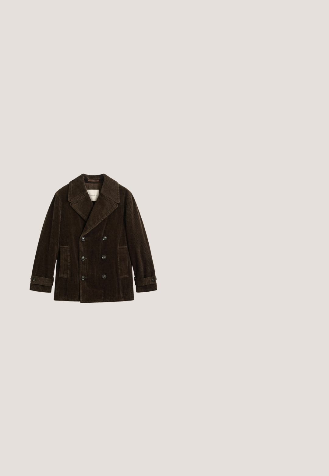 Donkerbruine corduroy dubbelgeknoopte jas met brede revers, zes knopen, voorzakken en knoopmanchetten aan lange mouwen.; Lichtblauw denim overhemd met lange mouwen, button-down kraag en witte knopen. Heeft een klein geborduurd logo op de borst.; Donkerblauwe denim broeken met wijde pijpen, met een hoge taille, voorzakken en contrasterende witte stiksels langs de naden.; Bordeaux lederen enkelboot met een gladde afwerking, elastische zijpanelen, een ronde neus, decoratieve stiksels en een lage blokhak.; Vierkante donkerblauwe sjaal met herhalende ronde oranje en blauwe bloemmotieven en "Les Deux" tekst in de hoeken en in de middenrand.; Reiss JONNY WESTERN - Riem - chocolate brown
