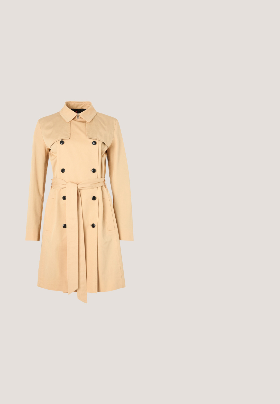 Beige trenchcoat med dobbeltknaplukning, bred krave og matchende bælte. Lavet af et glat stof med lange ærmer og lommer.; Sort cropped sweatshirt lavet af blødt stof med rund halsudskæring, lange ærmer og en sidesnor detalje for ekstra design. Subtilt logo på brystet.; Lys lilla t-shirt med korte ærmer lavet af blødt stof. Har en afslappet pasform med "PIROUETTES" broderet i mørkere lilla foran.; Bredde ben denim jeans i mørkeblå vask, med høj talje, frontknaplukning og klassisk fem-lomme design. Glat tekstur.; Beige ruskinds ankelstøvle med blokhæl, der har en sort elastisk indsats og en løfteløkke bagpå. Glat tekstur og rund tådesign.; Sort halv-måne skuldertaske i læder med justerbar rem og guld "BOSS"-logo centreret foran.