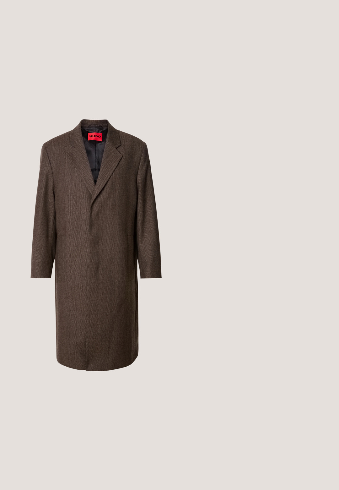 Bruin vissengraat jasje met een notch lapel en twee zijzakken, voorzien van een zwarte voering en een rood merklabel aan de binnenkant.; Bruine coltrui van zacht materiaal, met lange mouwen en een ribgebreide kraag. Glad oppervlak met een aansluitend ontwerp.; Heren overhemd met lange mouwen van donkergroen ribfluweel, voorzien van knopen, twee borstzakken en een kraag.; Bruine corduroy broek met een rechte pijpdesign, voorzien van een knoopsluiting en subtiele textuur. Ideaal voor casual of semi-formele kleding.; Donkere bruine suède Chelsea boot met elastische zijpanelen, ronde neus en een zwarte rubberen zool. Bevat een trekband voor eenvoudig aan- en uittrekken.; Bruine leren aktetas met bovenhandvatten, zilverkleurige details en een verstelbare schouderriem op een effen lichte achtergrond.