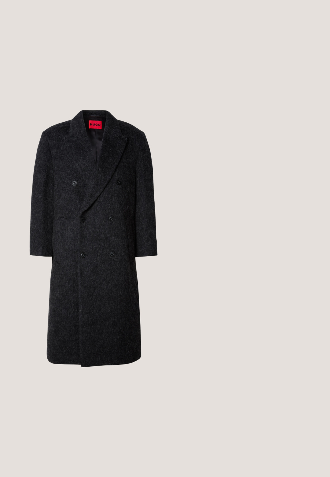 Manteau long en laine gris foncé à double boutonnage avec six boutons noirs, revers crantés et une étiquette rouge à l'intérieur du col.; Pull gris à manches longues en matériau tricoté, avec un col montant et un logo discret sur la poitrine. Texture lisse et design ajusté.; Chemise blanche à manches longues avec col classique, en tissu lisse, avec une patte de boutonnage devant et un ourlet arrondi.; Pantalon formel bleu marine coupe slim avec passants pour ceinture et fermeture avant dissimulée, présenté à plat sur un fond clair uni.; Chaussure de ville pour homme en cuir noir avec lacets, finition lisse et talon bas, vue de profil sur un fond clair uni.; Ceinture en cuir noir avec une texture lisse, dotée d'une boucle métallique carrée à finition mate. Agrémentée d'un logo de la marque sur la ceinture.