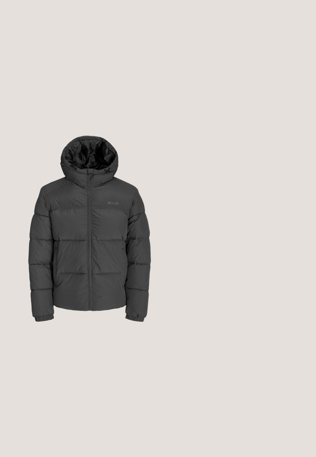 Tumedast halli õhkpaksus jope kapuutsiga, taskutega, esimeses osas lukk, elastsed mansetid ja tagasihoidliku brändingu detail rindkeres.; Musternud mustri sweat-pullover must sisaldab valgeid triibusid varrukatel, ees on mitmevärviline "Replay" ja "Laundryworks" tekstilogo.; Must musta T-särk lühikeste varrukatega ja ümmarguse kaelusega, mille vasakul rinnal on väike valge Adidas logo.; Musta, laiade säärtega püksid kerge kangaga, millel on elastne vöökoht ja küljetasku tõmblukuga; neil on peen logo detail.; Mustad spordijalatsid, mis on valmistatud sünteetilisest materjalist. Omavad pehmet kraega, ümmargust ninaosa, tugevat tallapinda haardega ning brändilogo detaile.; Must vöökott heledashallide GUESS-logo mustriga, kahe hõbedase tõmblukuga taskuga ja väikese kolmnurga kujulise GUESS-logo plaastriga.