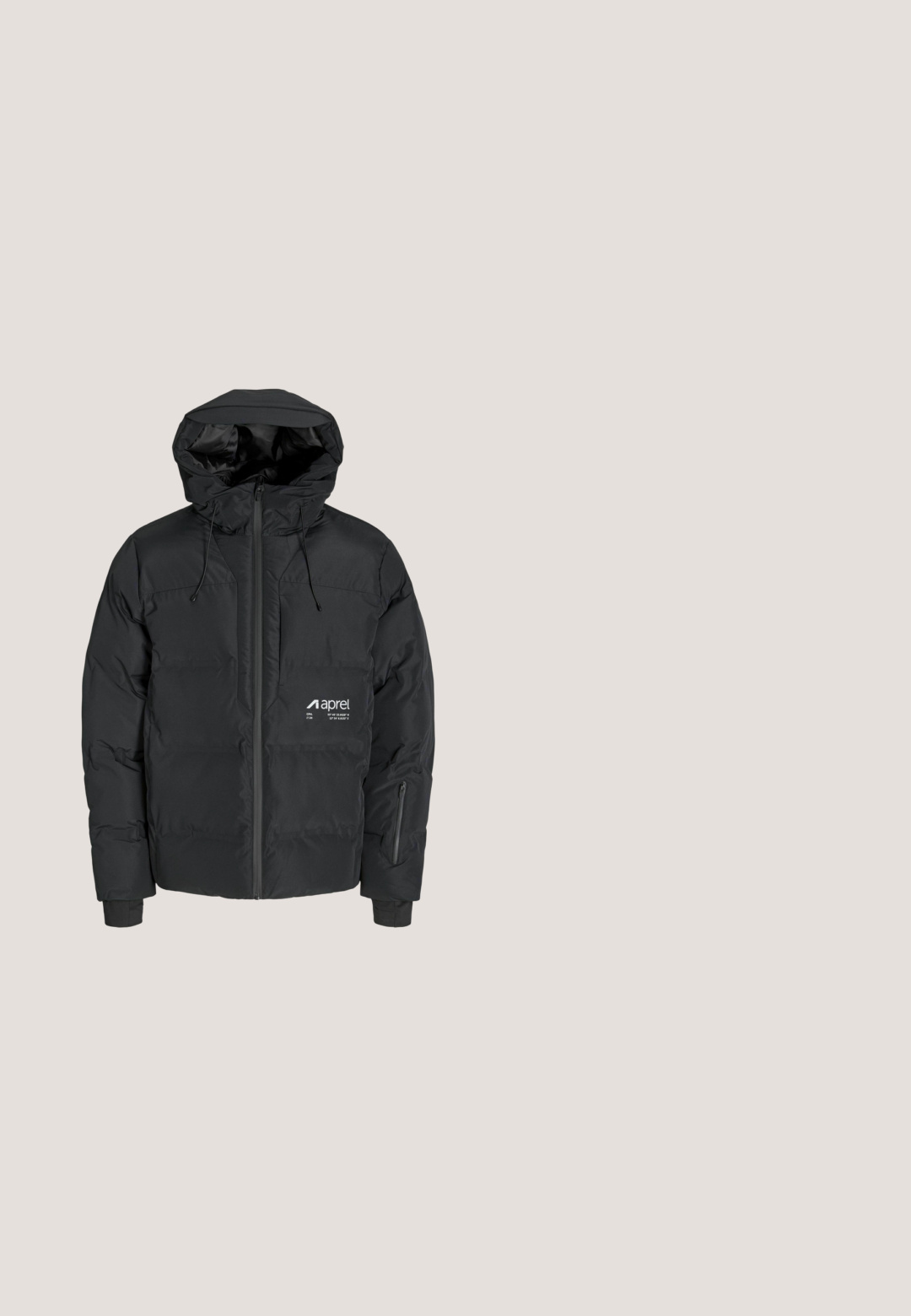 Veste noire matelassée avec capuche, dotée d'une fermeture éclair sur le devant, de poches latérales, de poignets élastiques et d'un logo blanc sur la poitrine. Texture lisse.; Pull en maille noir à manches longues avec col rond côtelé, poignets et ourlet, présenté sur fond blanc.; T-shirt en coton blanc avec un col rond, des manches courtes et un petit logo gris "JACK & JONES" sur la poitrine. Design simple et classique.; Jean droit pour homme en denim gris avec bouton sur le devant, fermeture éclair et design à cinq poches, montré sur fond blanc.; Bottines noires en cuir avec un bout arrondi, un laçage à l'avant, des accents texturés et un petit talon épais.; Sac bandoulière en cuir noir Calvin Klein avec motif logo en relief, fermeture éclair et bandoulière en tissu réglable.