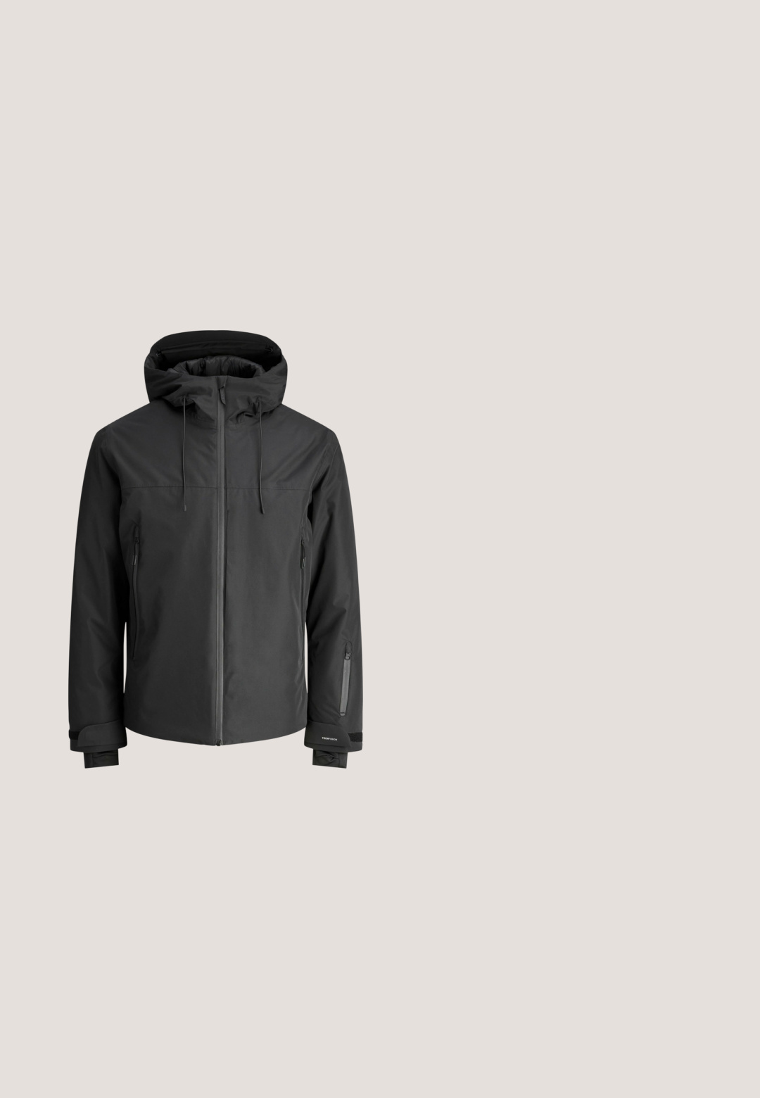 Sort vandtæt jakke med hætte, der har lynlåslommer, justerbare snore og forstærkede manchetter. Glat tekstur med minimalistisk design.; Cremefarvet strikket sweater med et struktureret ribmønster, rund halsudskæring og ribstrikkede manchetter og kant. Blødt, tykt stof.; Lysegrå bomuld t-shirt med rund halsudskæring og korte ærmer. Glat tekstur, enkelt design, velegnet til afslappet brug.; Grå denim jeans med lige ben, en knaplukning i taljen og klassisk fem-lomme design med subtile teksturer.; Sort læder ankelstøvle med snørebånd foran, struktureret sål og greb på bagsiden, vist på en hvid baggrund.; Strellson HYDE PARK  - Skuldertasker - black