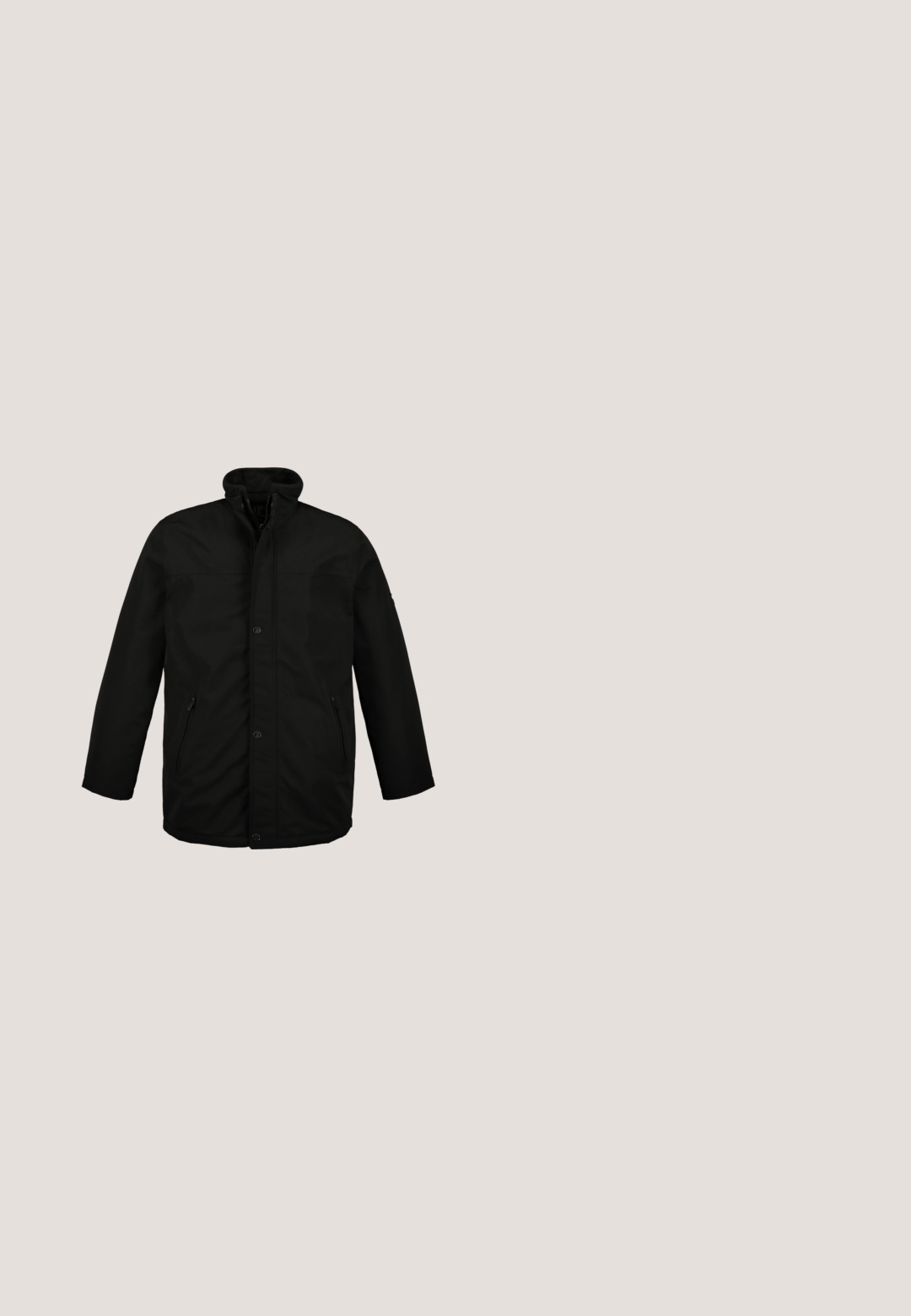 Schwarze Winterjacke mittlerer Länge mit hohem Kragen, Frontreißverschluss, der von einer mit Knöpfen versehenen Blende bedeckt ist, und seitlichen Reißverschlusstaschen.; Schwarzer Langarm-Pullover mit Viertel-Reißverschluss am Kragen und gerippten Bündchen und Saum, auf weißem Hintergrund dargestellt.; Schwarzes Langarm-Henley-Shirt mit drei Knöpfen und Rundhalsausschnitt, schlichte Gestaltung und gerader Saum.; JP1880 Jeans Straight Leg - black denim; Schwarze Knöchelstiefel aus glattem Leder mit Wildlederelementen, runder Zehenpartie und Gummisohle. Mit Metallösen und Schnürsenkeln ausgestattet.; Jost STOCKHOLM SHOULDER ZIP S - Umhängetasche - black