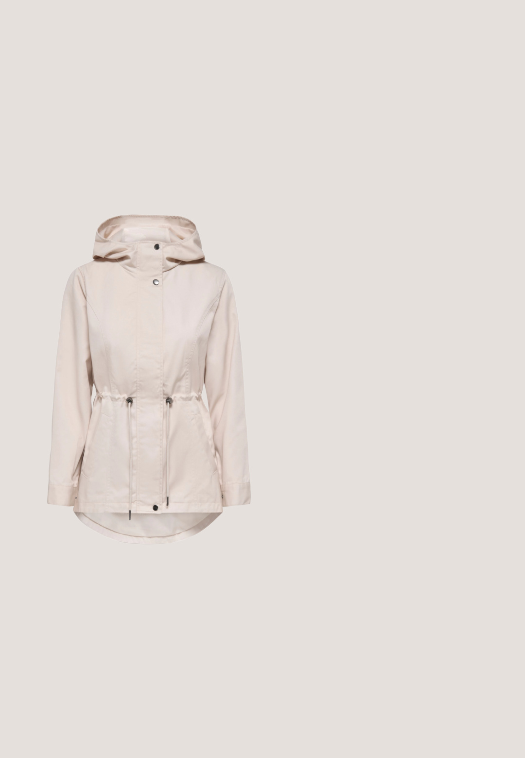 Hellbeige Kapuzenjacke mit vorderen Druckknöpfen, verstellbaren Taillenbändern, langen Ärmeln und leicht verlängertem Rückensaum.; Rot- und pinkgestreiftes T-Shirt aus weicher Baumwolle, mit V-Ausschnitt und kurzen Ärmeln. Kleines rotes Levi's-Logo auf der linken Brustseite.; Dunkelblauer Denim-Stoff mit glatter Textur, sichtbarem Gewebe und subtiler Dehnung. Verfügt über schwache Nähte entlang der Kanten.; Fliederfarbener Adidas-Sneaker mit cremefarbenen drei Streifen, Gummisohle und Schnürsenkeln, von der Seite auf weißem Hintergrund gesehen.; Beige, mondförmige Schultertasche mit verstellbarem Riemen und zwei schwarzen runden Akzenten auf der Vorderseite, freigestellt vor weißem Hintergrund.; Goldfarbene Drahtohrringe mit einem geschwungenen, länglichen Design. Glatte Textur mit einem minimalistischen Look, der sich zu einer feinen Spitze am Ende verjüngt.
