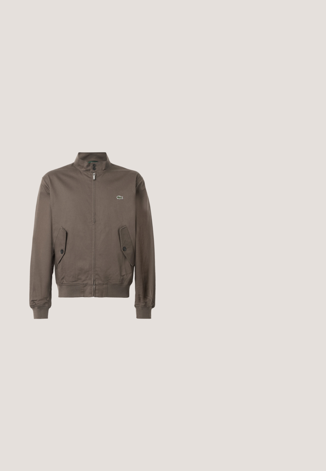 Bruine ritssluitingjack met staande kraag, knoopflapzakken, ribgebreide manchetten en onderrand, en een klein groen krokodillenlogo op de borst.; Mouwloze beige en witte gebreide sweater-vest met V-hals en klein groen krokodillenlogo op de borst.; Korte mouw T-shirt met ronde hals en dunne horizontale beige strepen op een witte achtergrond, met een klein groen krokodillenlogo op de borst.; Groene katoenen shorts met een elastische tailleband, ontspannen pasvorm en een klein geborduurd logo aan de onderkant aan de linkerzijde. Gladde textuur, geen zakken.; Beige leren instapschoen met gespsluiting en bruine rubberen zool, zwevend boven een licht tapijtvloer en in de buurt van amberkleurig doorschijnend meubilair.; Gouden ketting met langwerpige schakels en een klein krokodillenhangertje nabij het slot op een effen lichte achtergrond.