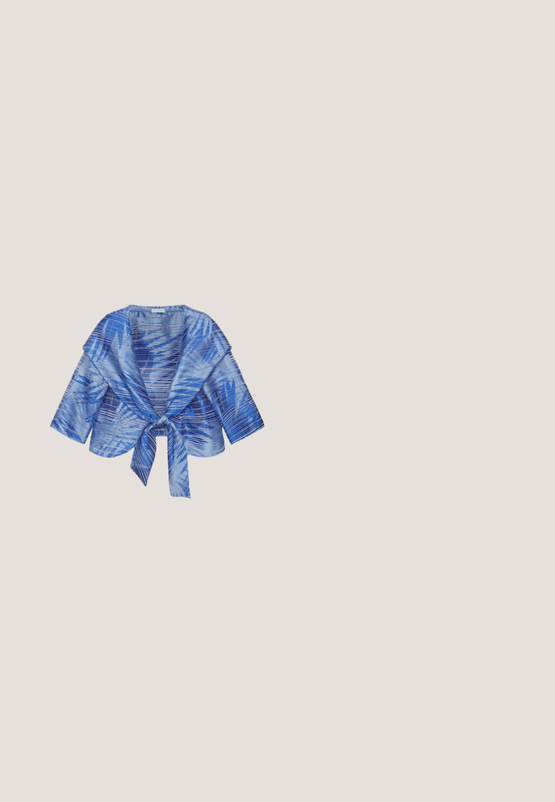 Blauwe korte jas met palmbladpatroon, brede kraag, driekwart mouwen en een striksluiting aan de voorkant.; Kobaltblauw gebreide trui met korte mouwen, een ronde hals en brede mouwen, afgebeeld op een witte achtergrond.; Lichtblauw satijnen slipjurk met dunne bandjes, een gladde textuur en een licht uitlopende zoom. Eenvoudig ontwerp zonder zichtbare patronen of accenten.; Zilveren slingback schoen met een puntige neus, metalen textuur en een lage blokhak. Voorzien van een decoratieve band met studs.; Lichtroze leren handtas met dubbele handvatten, goudkleurige studs bij de handvatten, gouden logo-embleem en afneembare schouderriem.; Roze gouden oorringen met een decoratief bloemdesign, met een centrale ovale kristal en eromheen kleine heldere stenen.