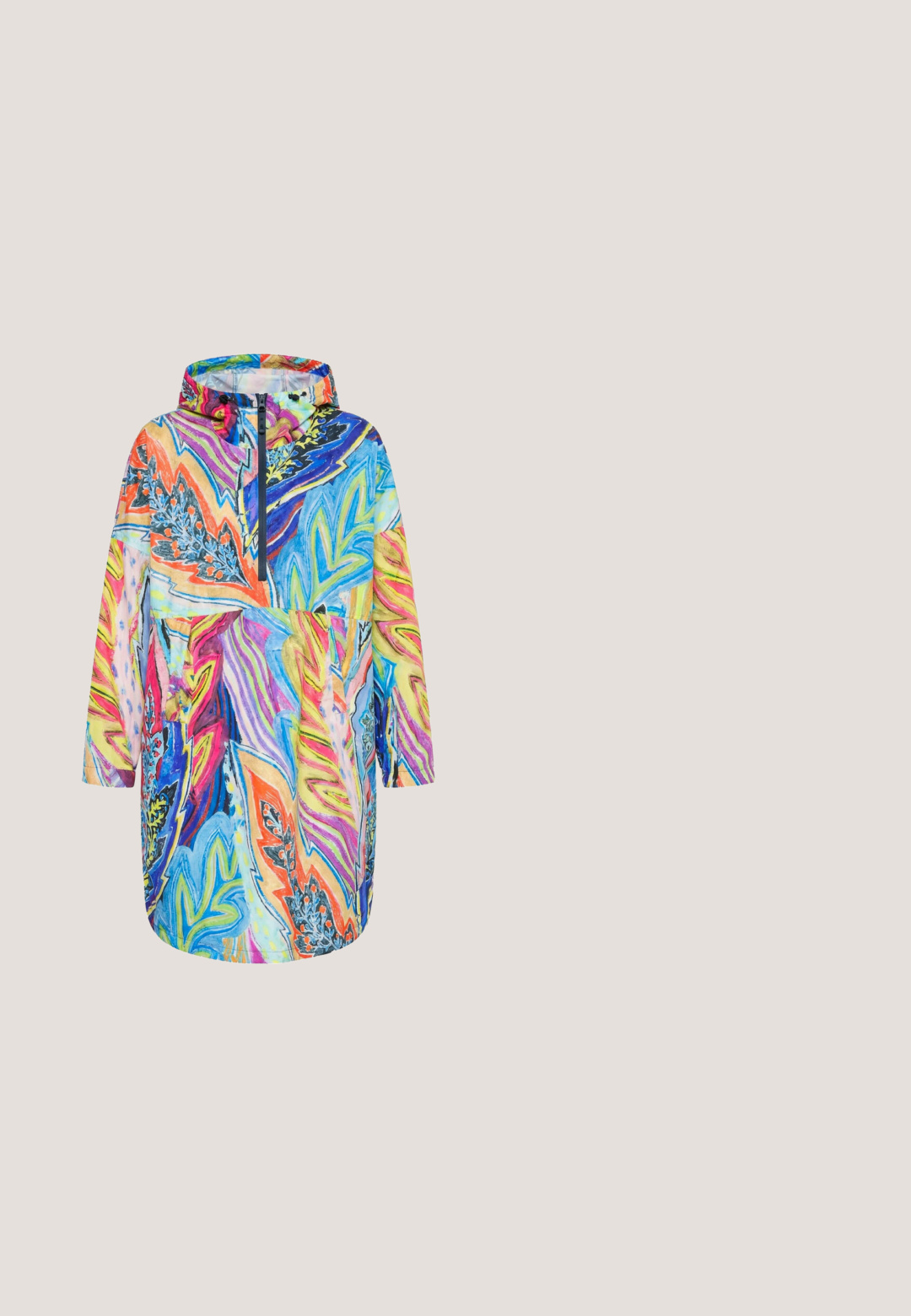 Farverig hættejakke med abstrakte, blad-lignende mønstre i klare blå, orange, pink, gul og lilla farver, med en lynlås foran og lange ærmer.; Beige strikket cardigan med V-hals, frontknapper, cropped længde og drop skuldre. Struktureret stof med ribbet mønster og åbne ærmer.; Langærmet skjorte med knapper og abstrakte bølgede striber i orange, gul, blå, lilla og beige toner, med en spids krave.; Asymmetrisk nederdel med farverige blomster- og abstrakte mønstre i rød, pink, gul, sort og grøn på en lys baggrund.; Sort og brun blomstret læderankelstøvle med snørelukning foran, to dekorative remme med spænder og en udskåret blokhæl.; Farverig patchwork-taske med blå håndtag, dekoreret med flerfarvede læderblomsterapplikationer på en hvid baggrund.