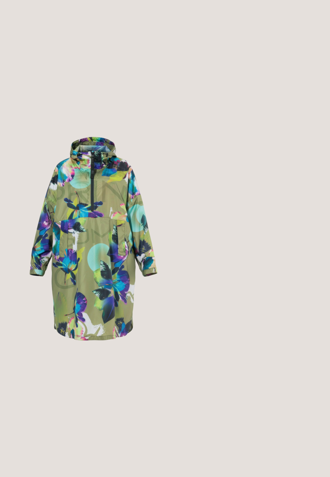 Impermeable con capucha de color verde oliva con cremallera de medio cierre y un gran estampado de flores y mariposas en azul, púrpura y verde azulado.; Jersey de punto colorido con cuello en V y mangas largas, con un diseño de patchwork en tonos amarillos, azules, rojos y grises.; El vestido negro de manga larga presenta estampados florales y de texto vibrantes, una tela texturizada y detalles fruncidos a un lado, creando un aspecto dinámico.; Koi Footwear COSMIC FIRE METAL PLATFORM BOOTS  - Botines con cordones - black/multi-coloured; Pañuelo de seda enrollado en el centro con dos extremos puntiagudos extendidos hacia afuera, con patrones abstractos en marrón, amarillo, azul y blanco.; Bolso de hombro colorido con diseño tie-dye, asa fruncida, dos bolsillos verticales con cremallera en el frente y detalles ajustables con cordón en los laterales.