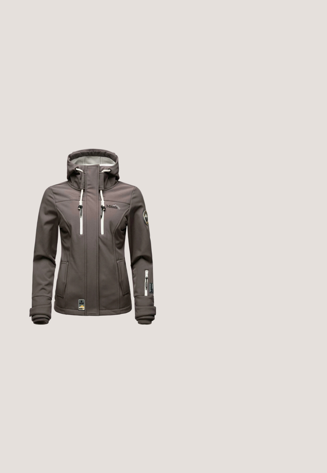 Grau Softshell-Jacke mit hohem Kragen, verstellbarem Kapuze, Reißverschlusstaschen und gesticktem Logo. Glatte Textur und elegantes Design.; Key Largo NEED ROUND - Sweatshirt - offwhite; Graues Baumwoll-T-Shirt mit kurzen Ärmeln und rundem Ausschnitt sowie glatter Textur. Verfügt über ein einfaches Design und saubere Kanten.; Cargo-Hosen aus dunkelgrauem Baumwollstoff mit geradem Schnitt. Mit zwei Seitentaschen und einem Knopfverschluss. Robuster Stoff mit leichter Struktur.; Grauer Sportschuh aus Mesh- und Leder-Materialien, mit weißer Sohle, Schnürung und Reißverschluss, mit einem Schmetterlingslogo an der Seite.; Off-white gewebte Leder-Hobo-Tasche mit breitem Schulterriemen und verstellbarem Umhängegurt, vor weißem Hintergrund präsentiert.