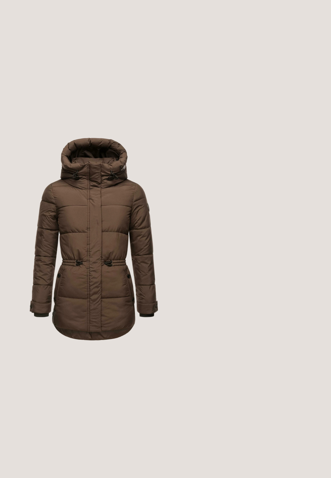Brun polstret jakke med høj krave, justerbare snore, to forlommer og ribbede manchetter. Glat, struktureret stoffinish.; Beige ribstrikket sweater med lange ærmer, halvlange lynlås foran og bred, foldet krave, mærket Opal Studio, størrelse large.; Mørkebrun, langærmet ribbet striktrøje med rund hals og en normal pasform.; Brune faux læder leggings med en høj sort talje, der har en glat, blank finish og en tætsiddende design til anklerne.; Tamaris Vinterstøvler - cigar; Brun læderhåndtaske med to frontlommer, enkelt topgreb og justerbar skulderrem. Struktureret overflade med sølvfarvede hardware-detaljer.