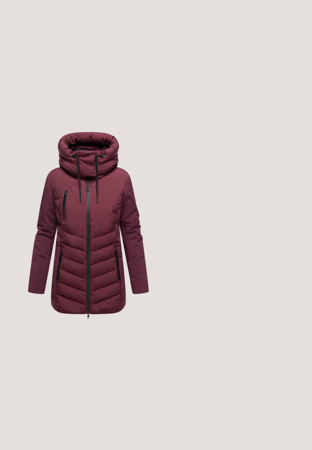 Maroonsfarget polstret jakke med høj krave, snøre i hætten, lynlås fortil og to sidelommer. Har et chevron-quiltet design og sorte detaljer.; Langærmet sweatshirt med rund hals i mørkerød vinrød med ribmanchetter og ribkant, glat front og "Fatface" etiket inde i kraven.; Rød langærmet skjorte med horisontalt stribesæt, der har en rund halsudskæring og blød tekstur. Mærket hedder "CECIL."; Maronfarvede ribbede leggings med en bred talje, der har struktureret stof og et lille brandlogo på hoften for ekstra detalje.; Tamaris Sneakers - berry comb; Burgunderfarvet tote taske med sorte skulderstropper, sidelomme og Eastpak-logo på frontens nederste højre side.