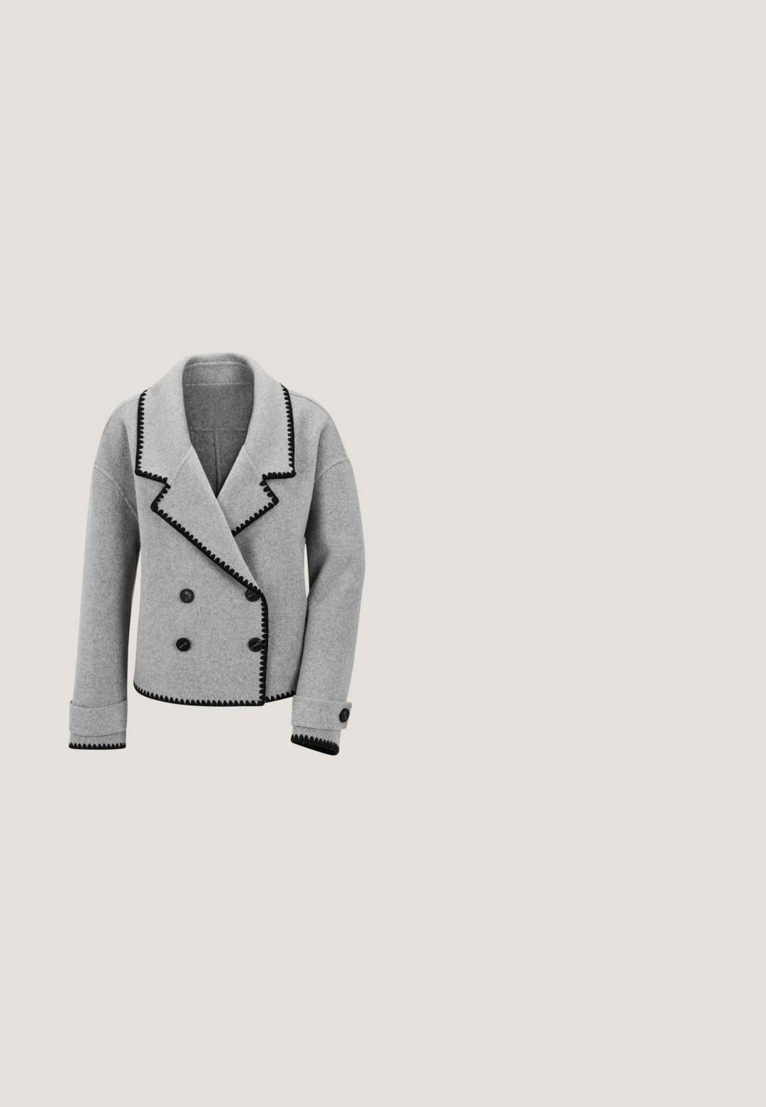 Graue, doppelt knöpfbare Wolljacke mit schwarzem Wellenrand an Kragen, Bündchen und Saum, ausgestattet mit vier schwarzen Knöpfen und umgeschlagenen Bündchen.; Grauer Pullover mit langen Ärmeln und einem kragenförmigen Ausschnitt, verziert mit weißen, perlenähnlichen Verzierungen. Weicher Stoff und lockere Passform.; Graue Wollhose mit Fischgratmuster, geraden Beinen, aufgeschlagenen Säumen und einem Bund mit Gürtelschlaufen.; Wojas Stiefelette - czarny; Graue strukturierte Lederhandtasche mit einem Griff, goldenem Reißverschluss und Lazarotti-Logo vorne in der Mitte.; Silberne Halskette mit ovalen Gliedern und einem polierten herzförmigen Anhänger, der in der Mitte vor weißem Hintergrund hängt.