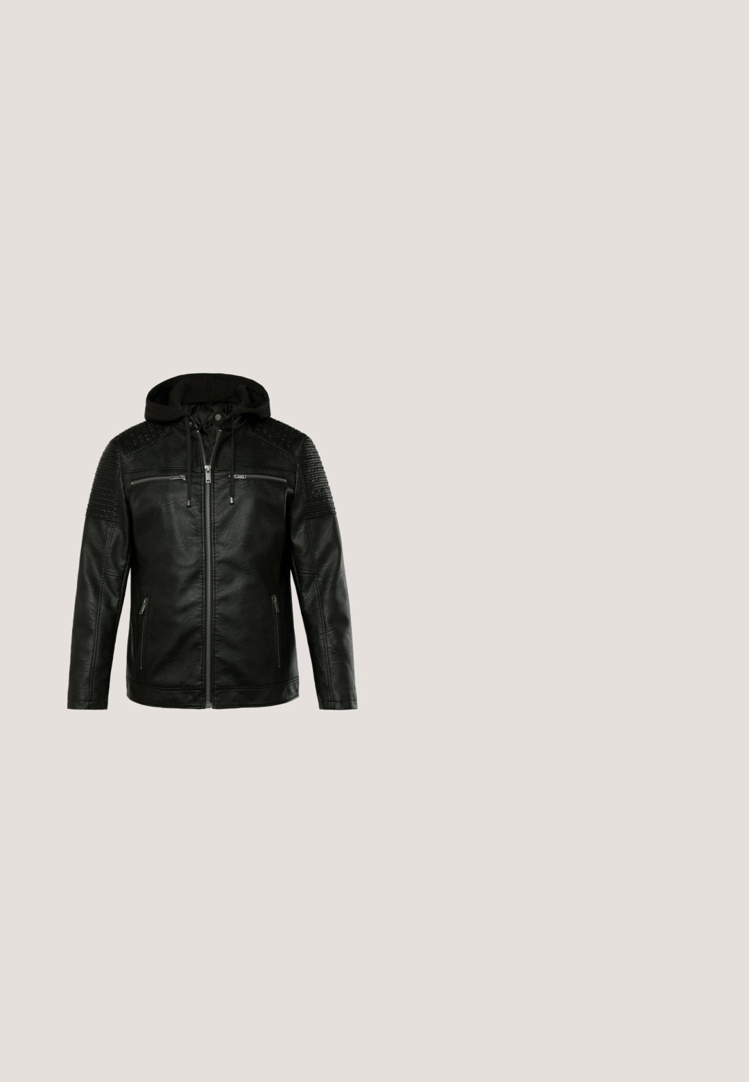 Sort faux læderjakke med hætte, som har ribbede skulderdetaljer, to lynlåslommer og lynlås foran.; Sort langærmet Henley-skjorte med tre knapper og rund halsudskæring, ensfarvet design og lige kant.; Sorte denimshorts med forreste knap, bæltestropper, to sidelommer og to store buede forlommer.; Sorte ankelstøvler i læder med struktureret finish, rund tå, snørebånd foran, sidelukning med lynlås og kontrasterende brun såldetalje.; Sorte oversized solbriller med gradient linser, glat overflade og et fremtrædende logo på siden af stangen. Rektangulært rammedesign.; Grå mønstrede syntetiske crossbody taske med sort lynlås og rem, prydet med et sølvfarvet trekantet Guess-logo. Glat tekstur og kompakt design.