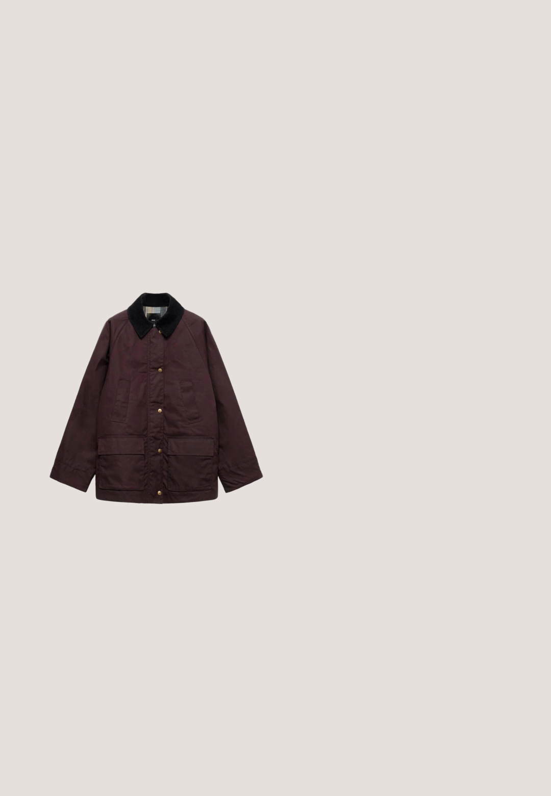 Bordeaux jack met een corduroy kraag, voorzien van gouden drukknoopjes en twee voorzakken. De binnenkant heeft een geruite voering.; Bordeaux gebreide cardigan met een ronde halslijn, lange mouwen en acht knopen aan de voorkant. Geribde manchetten en onderrand.; Bordeaux korteboven T-shirt van zachte katoen. Heeft een klassieke ronde halslijn en een relaxte pasvorm. Effen textuur, geen patronen of accenten.; Bordeaux wijde jeans van denim, met een vier-pocket ontwerp en metalen knoopsluiting met bijpassende stiksels.; Suède bordeauxrode sneakers met witte accenten, voorzien van een afgeronde neus, vetersluiting en een rubberen zool voor grip.; Bruine gevlochten leren hobo tas met een enkele schouderriem en een slungelige, gebogen vorm tegen een witte achtergrond.