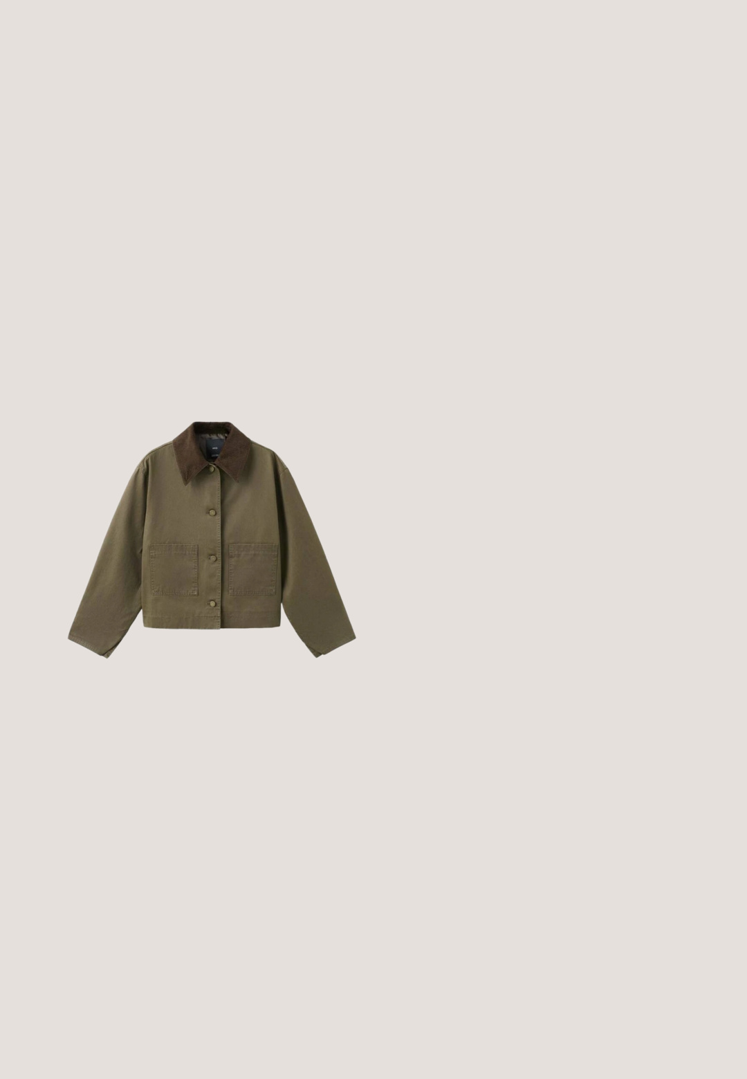 Olivengrøn cropped jakke med mørkebrunt fløjlsagtigt revers, knaplukning foran, lange ærmer og to firkantede frontlommer.; Brunt fleece-stof med en blød, struktureret overflade. Har en krave og en rød detalje på det indre label. Varm og hyggelig udseende.; Brun kortærmet T-shirt i blødt bommateriale. Rund hals, afslappet pasform og en let længere bagste søm. Glat tekstur, ingen mønstre.; Mørkebrune bukser med vide ben, frontplisser, sidelommer og et tyndt bælte med en lille firkantet spænde i taljen.; Brune ruskindsloafer med dobbelt sølvspænde, syet detaljer og en lav brun gummisål.; Olivengrøn læderhåndtaske med dobbelt håndtag, frontklaplomme, sidelommer og justerbar skulderrem, mærket "Venezia."