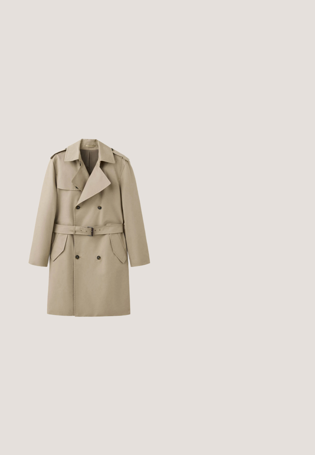 Primer plano de las solapas de un abrigo beige con costuras visibles y un solo botón marrón oscuro parcialmente abrochado.; Sudadera gris hecha de una tela suave. Presenta un cuello redondo, mangas largas, puños acanalados y un dobladillo acanalado. Diseño simple y sin adornos.; Camiseta blanca de manga larga hecha de algodón suave, con cuello redondo y una textura lisa sin patrones ni detalles visibles.; Vaqueros de mezclilla azul claro con corte de pierna recta, cinco bolsillos y cierre de botón. La tela tiene una textura suave con un acabado desgastado.; Zapatilla blanca con cordones flotando sobre un banco de madera con follaje verde al fondo, mostrando el diseño y la textura del zapato.; Bolsa tote de lona color crema con bolsillo delantero, dos asas, correa de hombro ajustable y pequeño texto amarillo "O.N.S" en la parte inferior derecha del bolsillo.