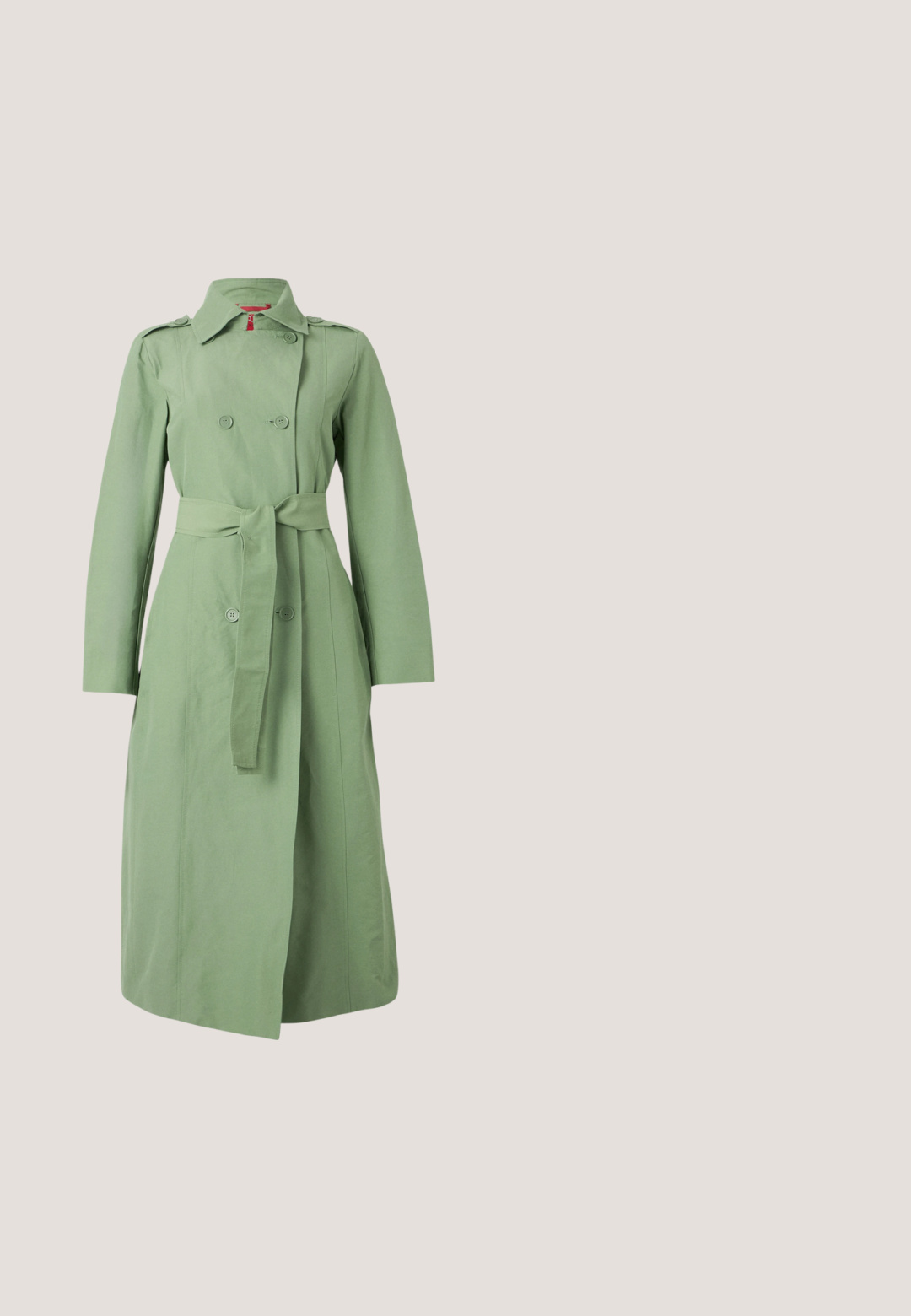 Roheline trench coat vööga, topelt nööpide kinnitusega, pikkade varrukatega ja klassikalise kraega. Sile kangas matist viimistlust.; Pikk, kerge kleit volangiga kaelusega, millel on lille- ja lehemuster roheline ja sinine heleda taustaga. Laienevad varrukad ja ääred.; Rohelised augulised balletikingad ümmarguse varbaga, madala tallaga ja õhukese rihmaga üle jala. Paindlik materjal tekstuurse mustriga.; Ovaalsed prillid roheliste läätsede, kuldse metallraami ja roheliste plastist templite otstega. Silmapaistev detail on väikesed kuldsed aktsendid.; Värvikas kandekott, mis on valmistatud läbipaistvatest helmestest. Omab triibusid roosa, rohelise, sinise ja valge värviga. Kaks tugevat helmestest käepidemeid.; Kuldne kõrvarõngad lilla õielehtedega, roosa, roheline ja mitmevärviliste kivikimpudega helel taustal.