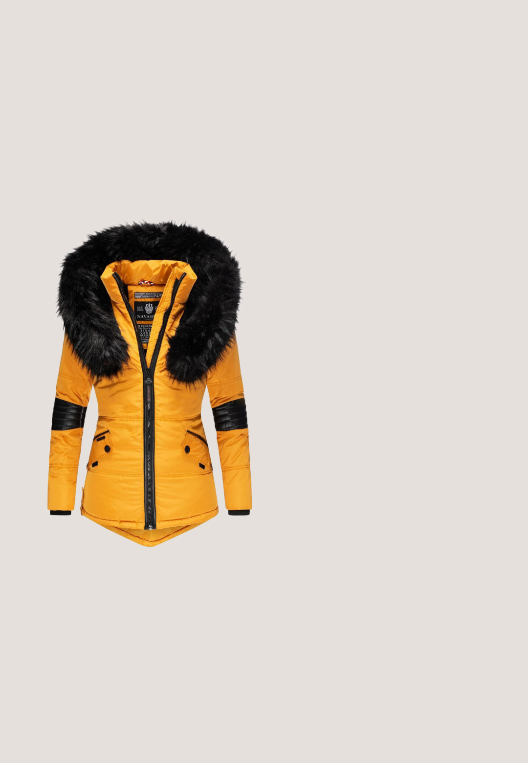 Chaqueta acolchada amarilla con capucha de pelo sintético negro, cierre de cremallera y bolsillos con cremallera. Presenta detalles negros en las mangas y un diseño ajustado.; Camiseta de algodón blanca de manga corta, con un gráfico de sol rosa con rayos y diseño facial en el centro. Textura suave, ajuste casual.; Vaqueros de mezclilla azul con corte recto, que presentan un patrón de corazones en azul claro repetido, botones de cobre y un diseño tradicional de cinco bolsillos.; Zapatilla blanca Puma con logo lateral de rayas de cebra en blanco y negro, diseño de corte bajo y suela blanca sobre un fondo liso y claro.; Bolso de mano de piel sintética marrón oscuro con una forma suave y redondeada y una correa corta de cuero con herrajes dorados.; Pendientes de aro de oro con colgantes en forma de corazón que cuelgan, cada colgante presenta un borde festoneado y el nombre de la marca grabado.