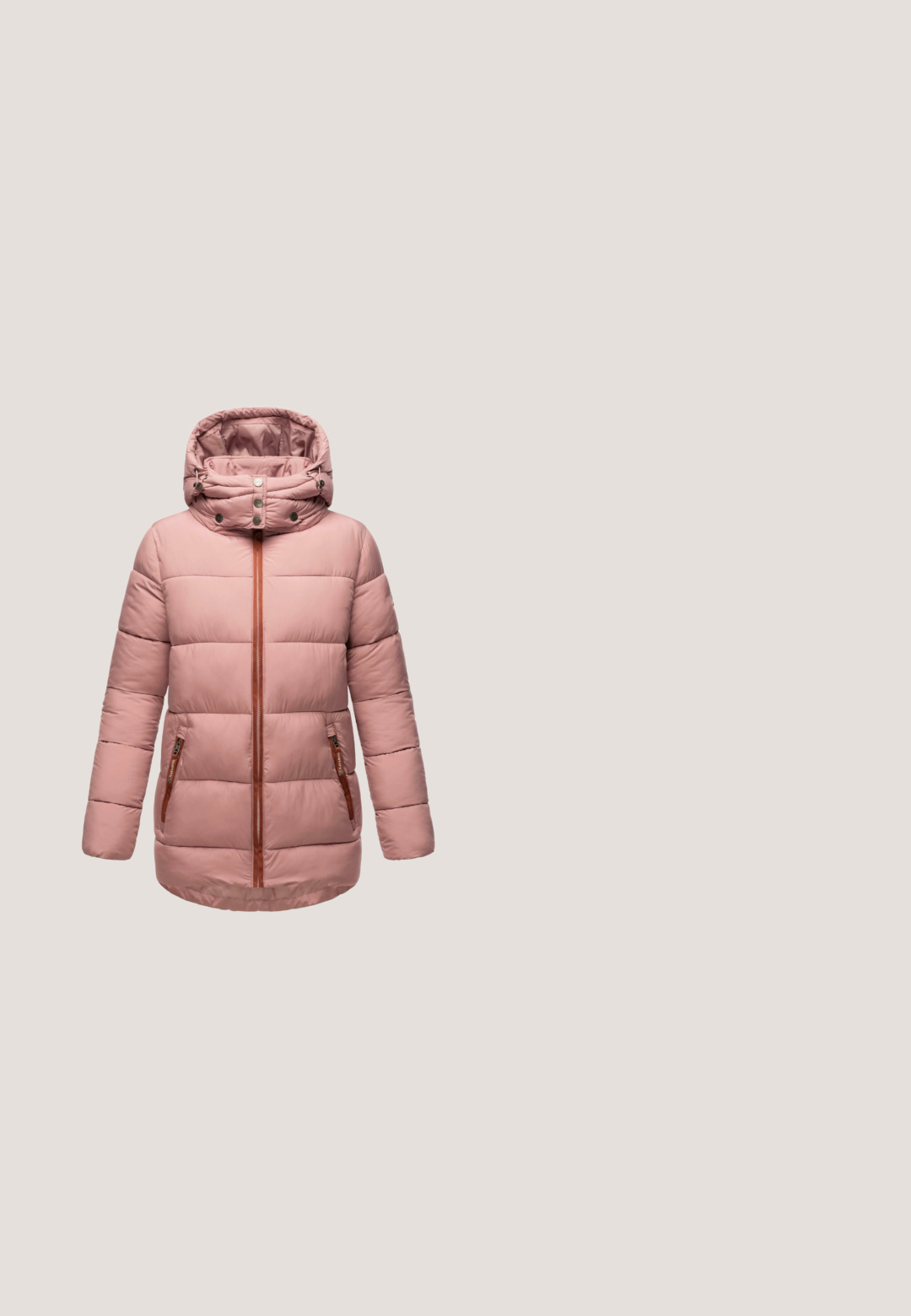 Veste rembourrée rose avec capuche amovible, fermeture éclair à l'avant et accents marron. Elle dispose de deux poches latérales et d'une texture matelassée.; Pull en col roulé tricoté en doux pêche avec un motif en relief de câble, des manches longues et une étiquette de marque tissée sur l'ourlet.; Haut à col roulé à manches longues en tissu doux rose pâle, avec une coupe slim, présentant un col haut et un design sans coutures.; Pantalon lounge en tricot mauve, jambes larges et taille à cordon, présenté sur fond blanc.; Bottes de cheville en suede rose à lacets avec un col en fausse fourrure, quincaillerie en ton argent et une semelle en caoutchouc épaisse avec un motif de crampons texturé.; Sac en bandoulière synthétique rose avec fermeture éclair, bandoulière ajustable et un détail en patch rectangulaire sur le devant. Texture lisse.