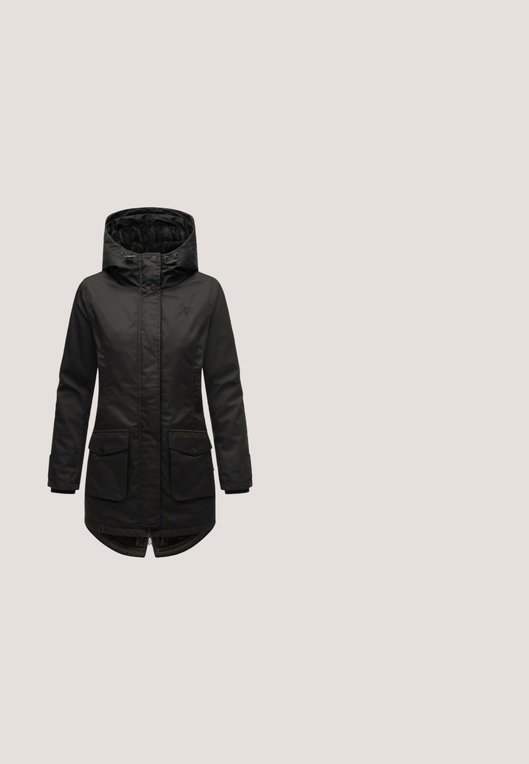 Sort isoleret parka jakke med hætte, trykknap-lommer, lynlås-lukning og en let buet kant. Glat yderstof.; Mørkegrå turtleneck sweater lavet af blødt strikmateriale, med en afslappet pasform, lange ærmer og en høj, rullet hals.; Sort langærmet turtleneck top med en tætsiddende silhuet og en ensartet, glat tekstur på en hvid baggrund.; Sorte skinny bukser med høj talje, to-knaps lukning, subtile syningsdetaljer og en glat, strækbar stof.; Sorte læder knæhøje støvler med en glat overflade, slouchy design, lynlås i siden og en flad gummisål med en rillede mønster.; Grå og sort tote bag med geometrisk mønster, lynlåslukning, frontlomme og kort skulderrem. Fremstillet af tekstureret stof og læder.
