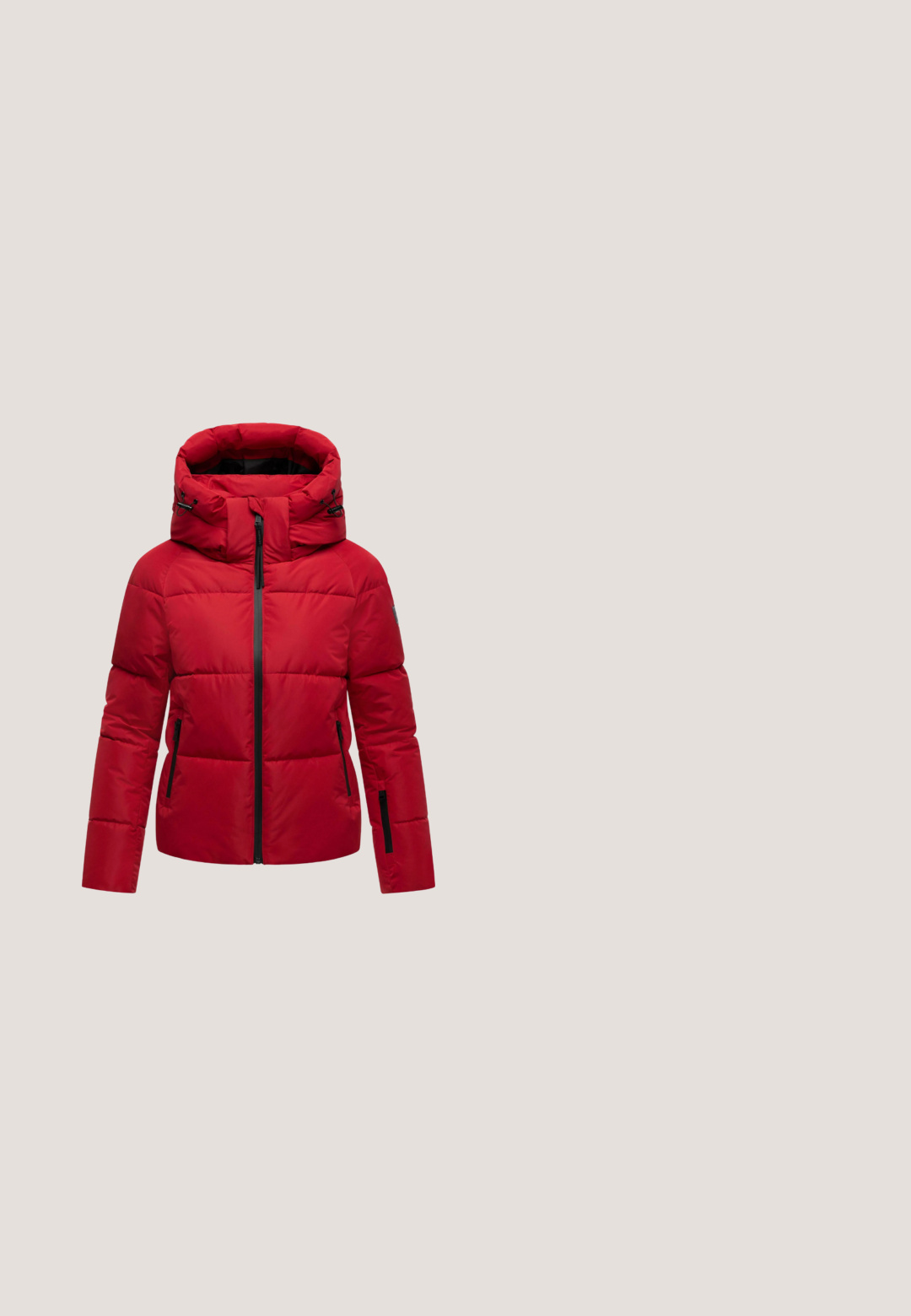 Chaqueta acolchada roja con un cuello alto y capucha ajustable, cierre frontal con cremallera y dos bolsillos laterales con cremallera. Presenta detalles en negro en las cremalleras.; Chal rojo de punto difuso con cuello alto, mangas largas y puños de canalé. Textura suave y corte relajado.; Camisa ajustada de manga larga con rayas horizontales alternando entre rojo y blanco y un amplio cuello redondo.; Pantalones de pana rojos con un diseño de pierna recta y superficie texturizada. Presentan una cinturilla de altura media y un largo recortado.; Zapatillas sintéticas rojas con acentos blancos. Punta redondeada, diseño de corte bajo y suela de goma texturizada. Presenta cordones blancos y un detalle de logo en el costado.; Bolso tejido rojo con asa redondeada, de textura suave y forma rectangular. Diseño cerrado, sin herrajes ni adornos visibles.