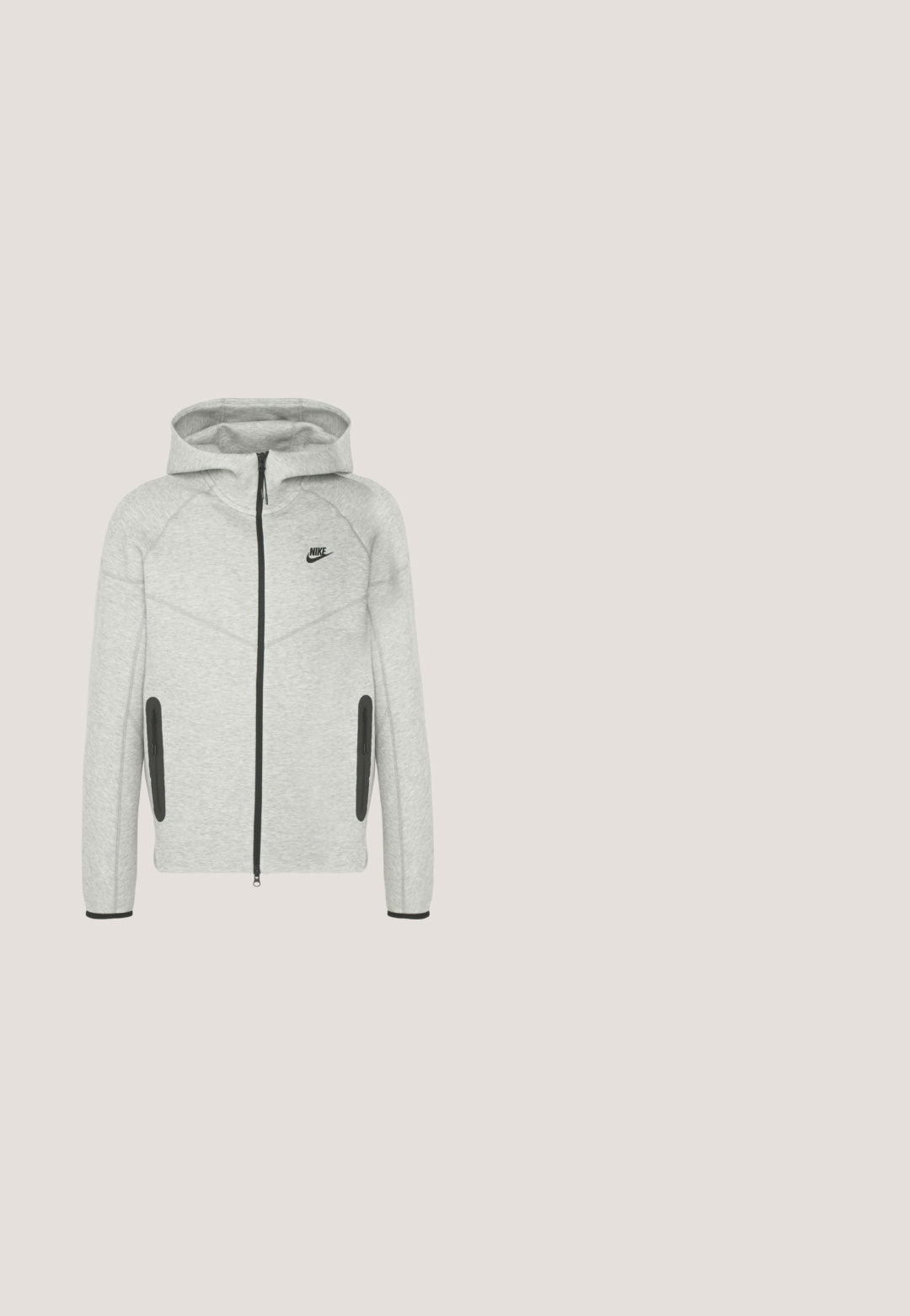 Harmaa huppari, jossa on vetoketju edessä, mustat yksityiskohdat ja huppu. Ominaisuuksiin kuuluu raglan-hihat ja kaksi sivutaskua vetoketjulla. Nike-logo näkyvissä.; Vaaleanharmaa pitkähihaisten crewneck-sweatshirt, jossa on ribattu hihansuut ja helma, esitetty litteänä yksinkertaisella taustalla.; T-paita pyöreällä kauluksella ja lyhyillä hihoilla, mikä on valmistettu pehmeästä puuvillasta ja siinä on yksinkertainen muotoilu ilman näkyviä kuvioita tai aksentteja.; Harmaat collegehousut, jotka on valmistettu pehmeästä kankaasta, joissa on joustava vyötärö, kiristysnauha, sivutaskut ja ribbireunukset nilkoissa.; Valkoiset nauhalla kiinnitettävät lenkkarit leijuvat puupenkillä, taustalla vihreää kasvillisuutta, tuoden esiin kengän muotoilua ja pintarakennetta.; Musta nahkainen crossbody-laukku, jossa säädettävä hihna, etutasku vetoketjulla ja "BOSS"-logo sileällä teksturoidulla pinnalla.