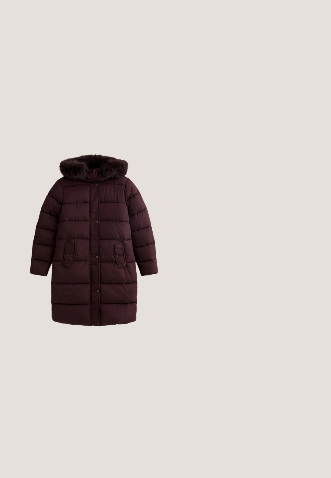 Bordeaux pufferjack met een gevoerde capuchon van nepbont, drukknoopsluiting en twee voorzakken. Het ontwerp is gequilt met horizontale stiksels.; Gebreide trui met een crèmekleurige basis en maroon en zwarte bloemenpatronen, klassieke geribde ronde halslijn en manchetten. Zachte textuur.; Geribbelde langemouwen top in diep bordeauxrood, met een ronde halslijn en gestikte randen. De stof heeft een zachte textuur voor comfort.; Donkerblauwe denim skinny jeans met een klassiek vijf-pocket ontwerp, versterkte stiksels en een knoopsluiting. Gladde textuur, geen patronen.; Bruine suède sneakers met roze accenten, voorzien van twee horizontale strepen, ronde rubberen zolen en roze veters.; Donkerrode handtas met dubbele handvatten, eenvoudig ontwerp en gouden merkembleem "Wittchen" aan de voorkant in het midden.