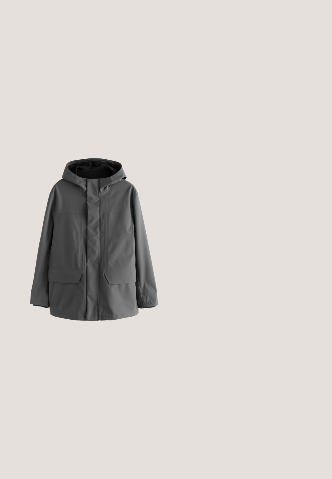 Grå vandtæt hættetrøje med lynlås foran, to store lommer og et slankt design. Glat tekstur og minimal dekoration.; Sort ærmeløs atletisk tanktop med rund halsudskæring, lavet af glat stof, designet til aktivt brug.; Sorte shorts lavet af letvægtsstof, med elastisk talje, to sidelommer og et lille logo på nederste højre side.; Sort gummistøvle i ankelhøjde med elastiske sidelister, trækflapper foran og bagpå samt mønstret sål for godt greb.; Sorte rektangulære solbriller med tykke rammer og mørkttonede linser, der hviler på en hvid overflade.; Sort rektangulær sportstaske med to håndtag, en aftagelig justerbar skulderrem og en lynlåslomme foran på en hvid baggrund.