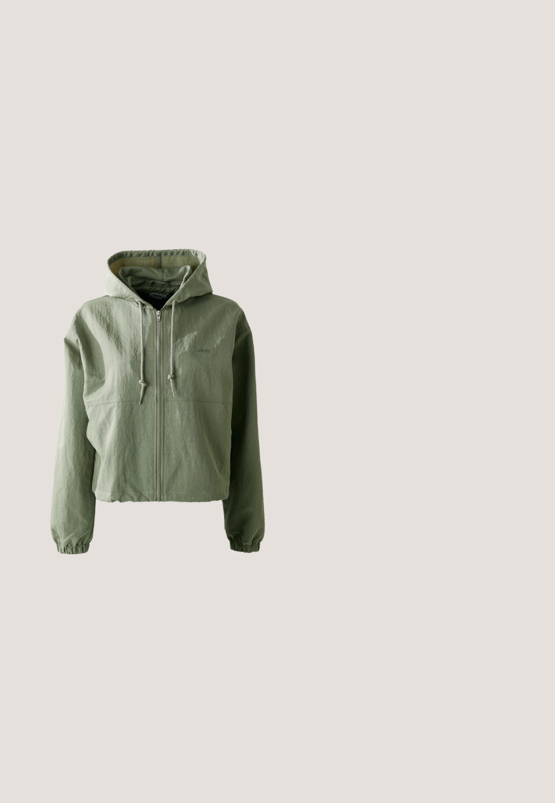 Verschotten hooded jack in lichtgroen, gemaakt van textuurstoffen. Voorzien van een ritssluiting aan de voorkant, een trekkoordcapuchon en elastische manchetten. Merken op de borst.; Witte t-shirt met abstracte kunst van een zwarte silhouet hoofd, groene plant in een oranje kom op het hoofd, oranje en groene vormen, en het "RVCA" logo.; Off-white shorts met trekkoord, geribde tailleband, zijzakken met meerkleurige panelen en een klein "Rip Curl"-logo op het rechtervoorbeen.; Lichtpaarse kanten sneaker met een textuurafwerking, witte rubberen zool en bijpassende veters, met een subtiele patroonontwerp.; Beige gaas draagtas met olijfgroene rand en handvatten, met het "RVCA"-logo over het middenpaneel op een effen achtergrond.; Zilveren hoepeloorbellen met een gepolijste afwerking, met een eenvoudige ronde vorm en een post-sluiting voor een veilige draagervaring.