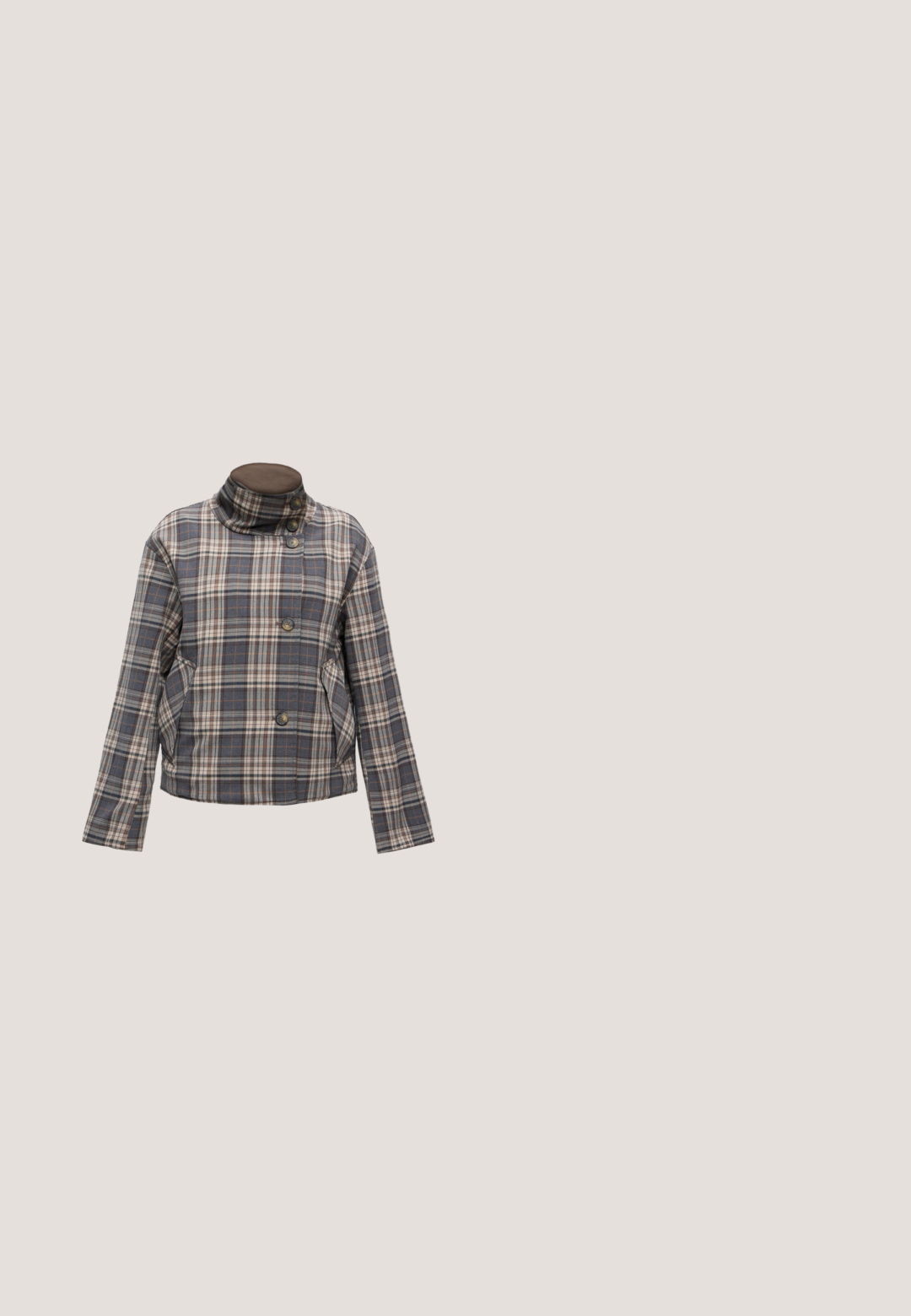 Grijs en beige geruite jas met hoge kraag en vier knopen, lange mouwen en schuine voorzakken tegen een effen achtergrond.; Langwerpige top in lichtbeige, met een ronde halslijn en een slim fit. Gemaakt van zachte, rekbare stof met een subtiele textuur. Klein logo-detail op de zoom.; Donkerbruine corduroy minirok met een hoge tailleband en zichtbare verticale geribde textuur, getoond op een eenvoudige lichte achtergrond.; Bruine suède loafer met een ronde neus, contrasterende tan rubberen zool en decoratieve goudkleurige touwveters aan de zijkant.; Bruine suède rechthoekige handtas met witte fleeceafwerking op het voorvak, gouden naamplaatje, bovenhandvat, ritssluiting en afneembare schouderriem.; Twee paar gouden geometrische creolen op een effen witte ondergrond, een paar vierkant en massief, een paar rechthoekig en hol.
