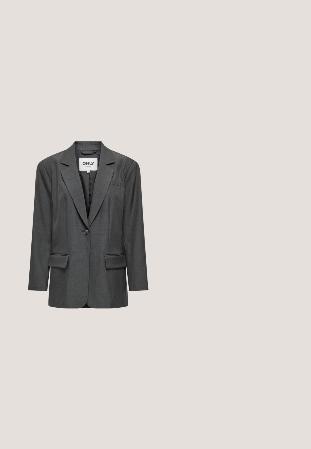 Donkergrijze enkele knoop blazer met notch revers, klepzakken en borstzakje, voorzien van Only merklabel op de binnenkraag.; Donkergrijze, mouwloze, geribbelde tanktop met een ronde halslijn en een getailleerde pasvorm, maat small.; Vero Moda Tailored VMMAYA Mid waist - Broek - black; Zilveren metallic sneaker met witte accenten, vlakke vetersluiting, rubberen zool en "Steve Madden" branding aan de zijkant.; Grijze leren hobo tas met een gladde textuur, slouchy ontwerp en een brede, afgeronde schouderband voor comfortabel dragen.; Zilveren kettinkjesarmband met vijf kleine hartvormige bedeltjes en een karabijnsluiting met verstelbare schakels en een klein rond label.