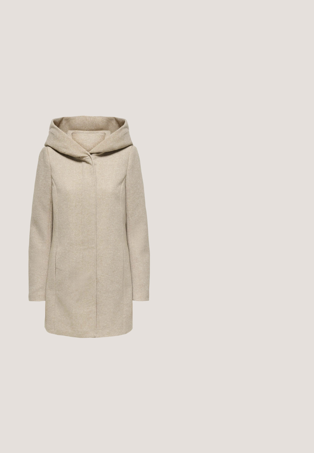 Abrigo de lana beige para mujer con mangas largas y un amplio cuello de chal, cierre frontal oculto bajo una solapa.; Cardigan de color beige claro hecho de tejido texturizado, con un escote redondo, siete botones grandes y dos bolsillos frontales.; Top de punto crema sin mangas con hombreras acolchadas y escote redondo, mostrado sobre un fondo blanco.; Pantalones de pierna ancha en tela de color beige claro con textura acanalada, con una cintura alta. El diseño es simple y sin adornos.; Zapatillas de ante y cuero color beige con cordones blancos, un acolchado color canela en el cuello y suela de goma texturizada color caramelo; diseño sencillo con acentos sutiles.; Bolso de cuero beige con dos asas, correa de hombro desmontable y logo plateado "GINO ROSSI" en el frente.