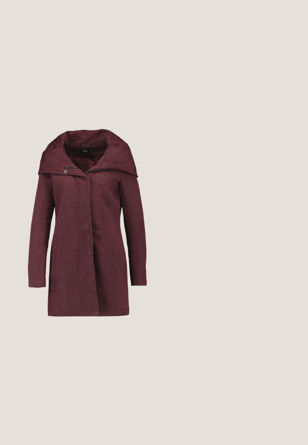 ONLY ONLSEDONA LIGHT COAT OTW NOOS - Manteau court - chocolate truffle/melange; Cardigan à manches longues, ouverture devant, de couleur rouge foncé avec deux poches avant et poignets et ourlet côtelés, en tissu tricoté doux.; T-shirt femme à manches courtes, col rond, couleur prune, avec des poignets légèrement retroussés et un ourlet arrondi.; Pantalon de jogging bordeaux en tissu doux, avec une taille élastique dotée d'un cordon de serrage et des chevilles resserrées pour une coupe ajustée.; Baskets marron bordeaux avec un mélange de daim lisse et de matériaux texturés, semelle intermédiaire blanche et semelle extérieure en caoutchouc gomme. Logo de la marque affiché sur le côté.; Grand sac cabas bordeaux avec des anses larges et des clous dorés décoratifs le long des bords et des ouvertures des anses.