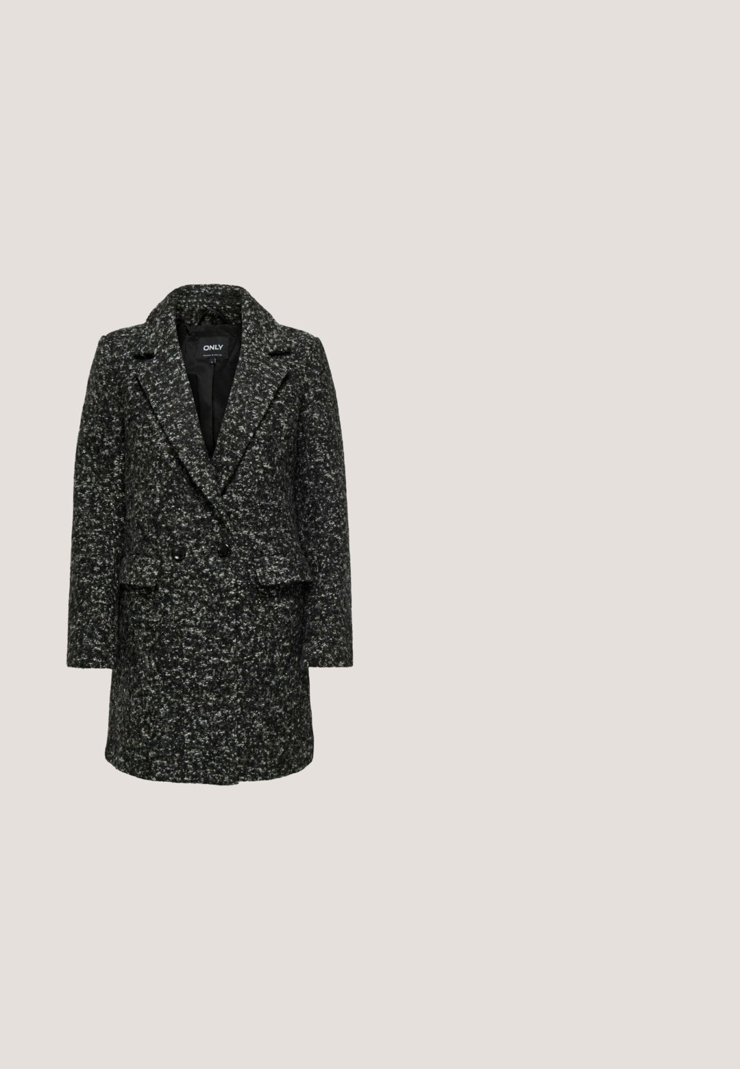 Dubbelzijdige zwarte en grijze tweedjas met revers, twee voorzakken en zwarte knopen. Van gemiddelde lengte met een gestructureerde stof.; Witte blouse met lange mouwen, een geplooid lijfje en pofmouwen die bij de polsen zijn samengepakt, afgebeeld op een effen achtergrond.; Zwarte op maat gemaakte broek met een recht gesneden design, twee voorknopen en een gladde stoftextuur. Minimalistische stijl met strakke lijnen.; Zwarte leren pump met een spitse neus, lage blokhak en een gladde textuur. Kenmerkt zich door een minimalistisch ontwerp en geen zichtbare versieringen.; Zwart leren tasje met een afgeronde vorm, goudkleurige hardware accenten en een enkele schouderriem. "Coccinelle" logo in goud aan de onderkant.; Singularu CAMILA - Oorbellen - gold-coloured