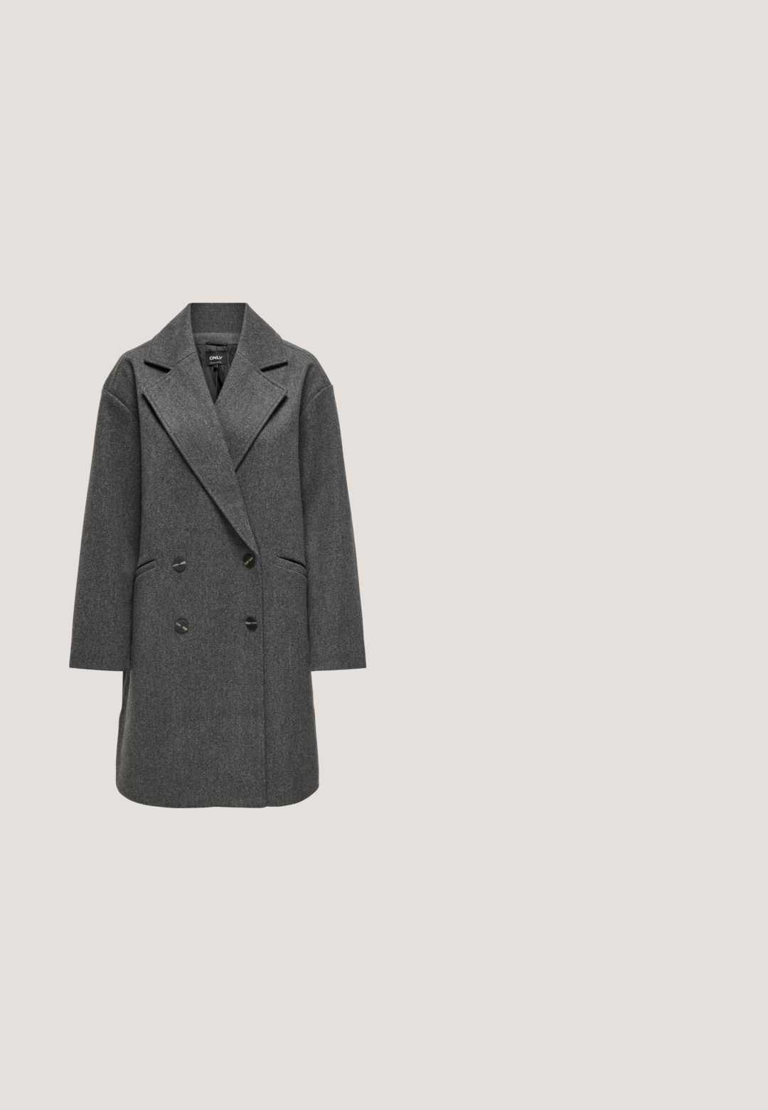 ONLY ONLBLAKE OVERSIZE COAT - Abrigo clásico - dark grey melange; Suéter negro de gran tamaño con cuello en V, mangas largas, hecho de una tela texturizada. Detalle notable incluye un pequeño logo metálico en el dobladillo.; Pantalones de pierna ancha en tejido gris oscuro, con corte recto, cierre frontal de botón y bolsillos estilizados para un aspecto a medida.; Gooce WIN - Botas para la nieve - grey; Bolso tote de piel negra con dos asas largas, forma curva, acabado texturizado y detalles de costura visibles, apto para uso diario.; Collar delicado de cadena de plata con cierre de langosta y extensión ajustable con un pequeño colgante de concha marina.
