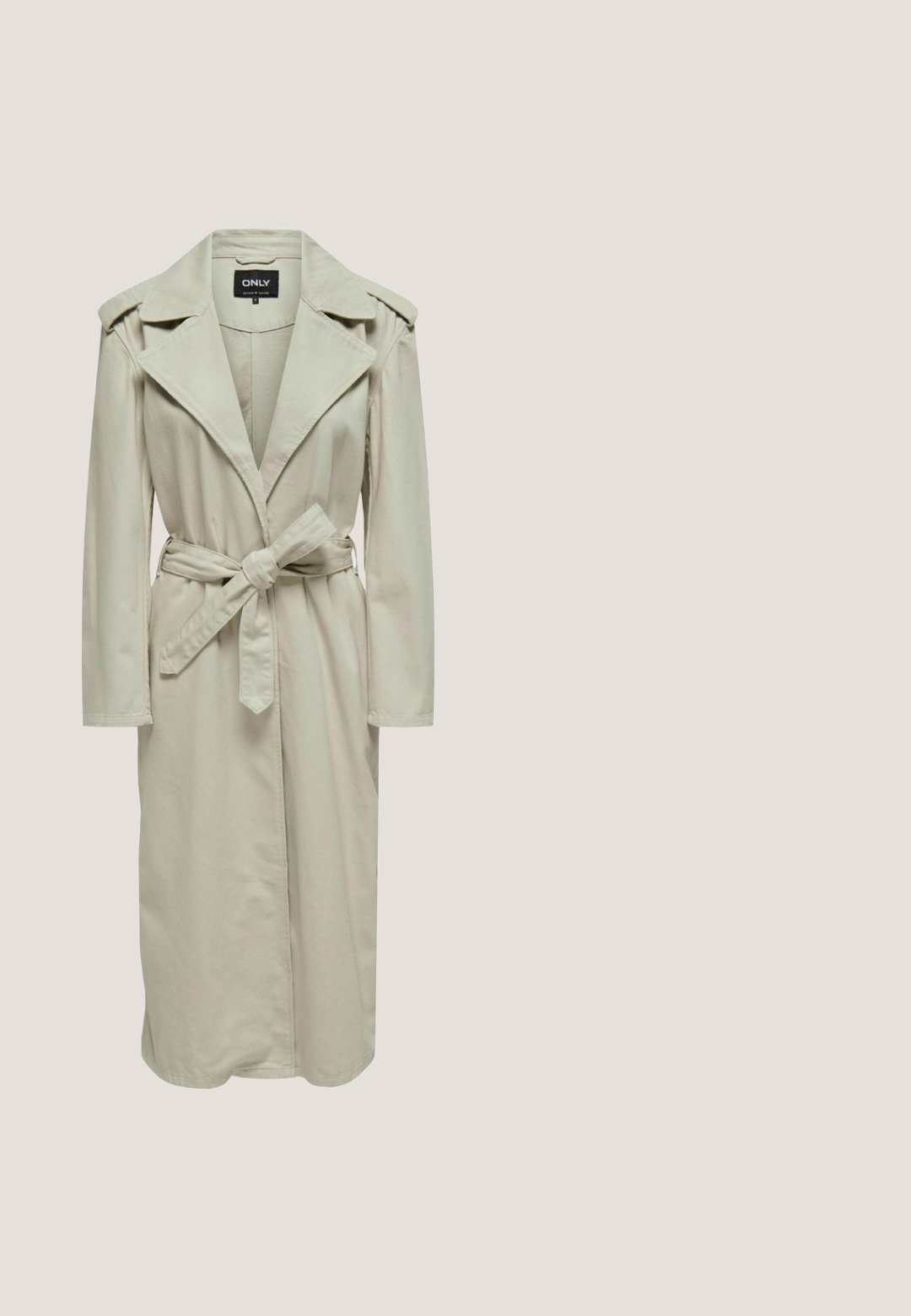 Trench-coat beige clair avec un large col, des manches longues, une taille ceinturée et des poches latérales. Réalisé en tissu lisse avec une coupe droite.; ONLY ONLKATIA BUTTON CARDIGAN - Gilet - light grey melange; Haut à manches courtes en tricot côtelé de couleur beige clair. Présente un col rond et une coupe décontractée, avec une texture douce et un subtil motif vertical.; Pantalons larges beige clair avec une taille élastique haute, dotés de deux poches avant et d'une texture de tissu lisse.; Baskets en daim beige avec un bout arrondi, des accents de couture blanche, des lacets plats et un talon de couleur claire. Semelle en caoutchouc légère.; Sac à bandoulière cylindrique en cuir gris avec bandoulières réglables et ferrures dorées, logo Lancaster Paris à l'avant.