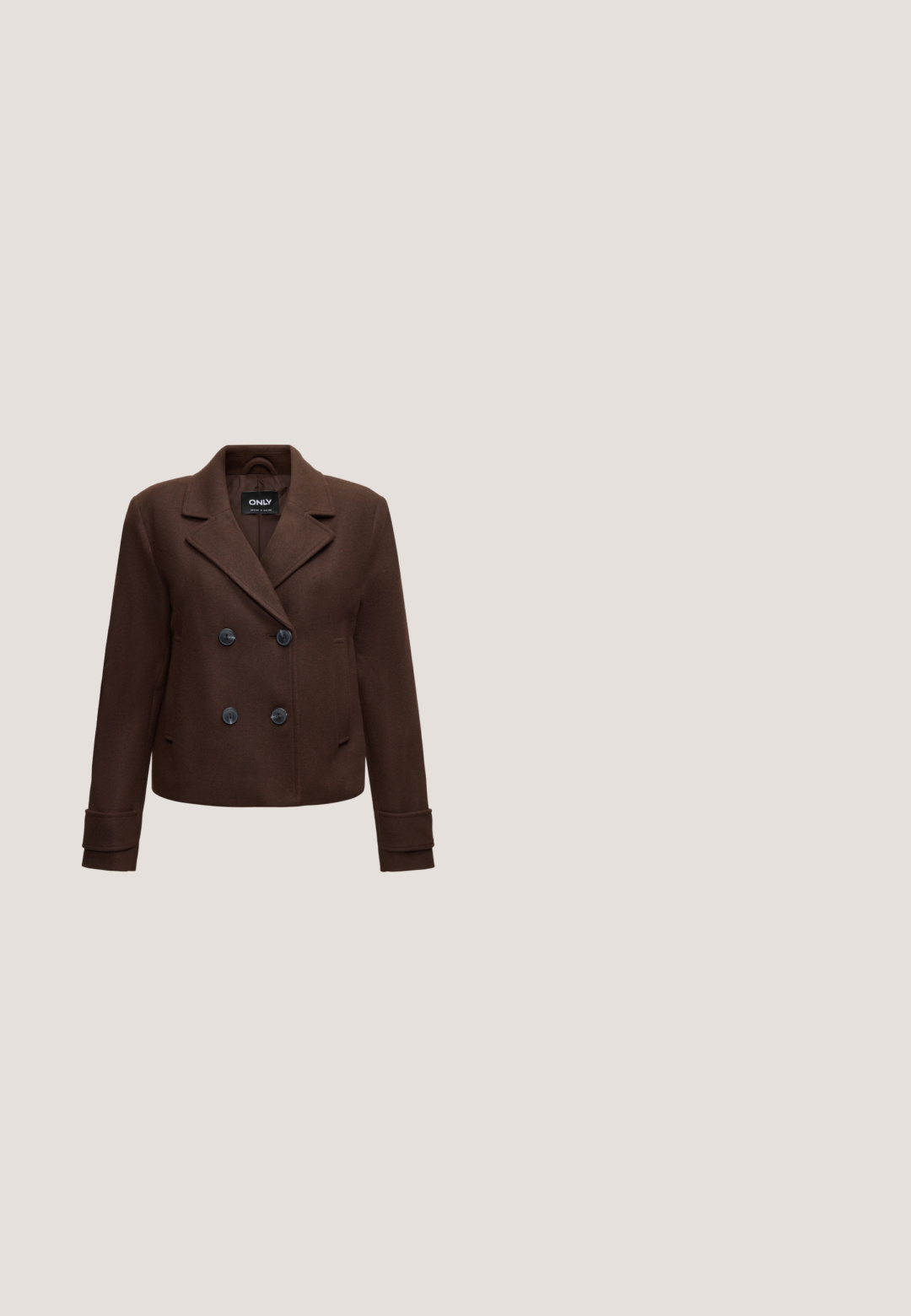 Brun dobbeltradet uldblazer med hakrevers, fire sorte knapper, lange ærmer og sidelommer, vist på en ensfarvet baggrund.; Lyseblå denimskjorte med spids krave, knapper foran og lange pufærmer. Glat tekstur med rundet kant forneden.; Lyseblå flagrende jeans lavet af denim, med høj talje, fem lommer, en lynlås foran og en metallisk knaplukning.; Mørkebrun ruskindspunktet mule med lav kittenhæl, dekorative kvaster og blonderdetalje på hvid baggrund.; Runde, bruntonede solbriller med en glansfuld bordeauxramme. Slanke arme med diskret brandingdetalje. Flad linsedesign.; Brun tekstureret stofhåndtaske med et enkelt håndtag bundet i en knude, vist mod en ensfarvet lys baggrund.