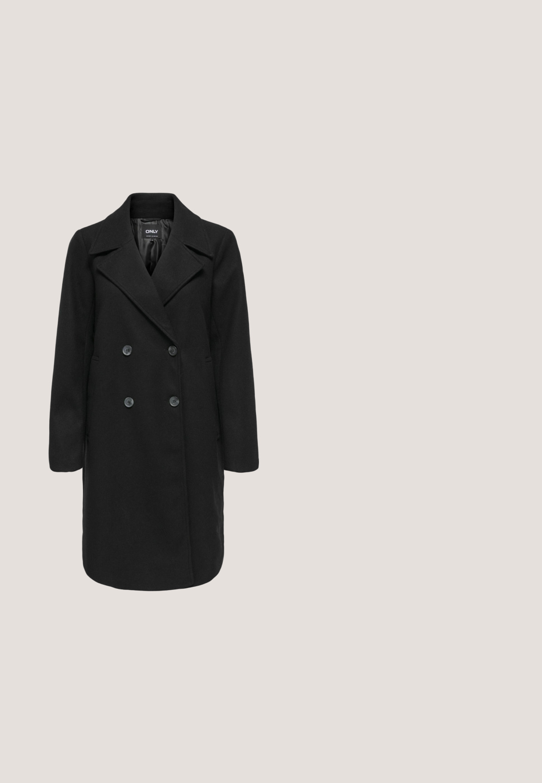 Sort dobbeltbrystet frakke med brede revers, lange ærmer og forlommer. Lavet af et tekstureret stof med knapper. Enkel og klassisk design.; Sort rullekrave sweater lavet af blødt strikkemateriale, med lange ærmer og ribbede detaljer ved halsen og kanten. Tætsiddende design.; Grå stribede bukser med bred benudskæring, der har en knaplukning og en glat front. Fremstillet af et glat, struktureret stof.; Sort læder ankelstøvle med rund tå, med buede sømme, en plateau sål og en glat tekstur. Minimalistisk design.; Sort tekstureret læderhåndtaske med rundet håndtag og forflap med lille guldfarvet spænde, sat mod hvid baggrund.; Guldfarvet ring med et glat, afrundet design og poleret overflade. Mangler indviklede mønstre eller hardware-detaljer. Enkel, moderne form.