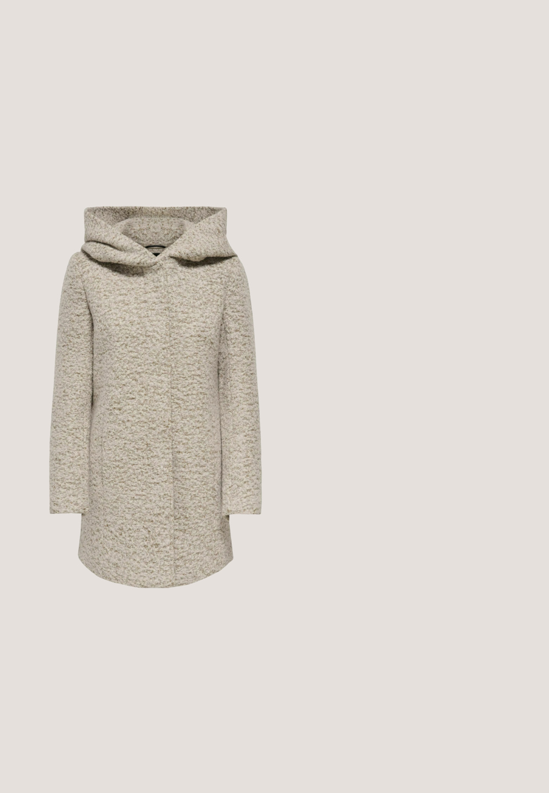 Licht beige jas van gestructureerde stof, met een kap, lange mouwen, sluiting aan de voorkant en zijzakken. Eenvoudige, rechte silhouet.; Lichtbeige vrouwen trui gemaakt van zacht gebreide stof, met een ronde halslijn en ribgebreide manchetten en zoom. Klassiek, recht gesneden ontwerp.; Beige broek met hoge taille en wijde pijpen, voorzien van voorplooien, riemlussen, knoopsluiting en een nette, op maat gemaakte afwerking.; Bruine suède enkellaars met een zijrits en een zachte voering, met een dikke plateauzool voor extra hoogte en comfort.; Grijze faux fur heupriem met een ronde vorm, zilveren rits en een verhoogd zwart logo-embleem op de voorkant. Zachte textuur, compact ontwerp.; Pareln elegante ketting met ronde, glanzende witte parels in verschillende maten, gezet op een delicate ketting met een kreeftsluiting. Verstelbare lengte.