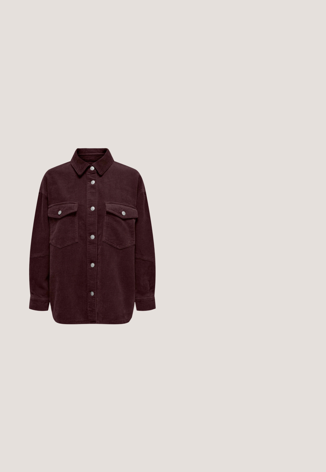Dark brown corduroy jacket with long sleeves, button front, and two flap chest pockets with buttons.; Short-sleeve, round-neck plain maroon T-shirt with a regular fit and smooth texture, displayed against a white background.; Wide-leg maroon pants with an elastic waistband and front drawstring, made from soft, comfortable fabric.; Beige Adidas Gazelle sneaker with maroon stripes, thick brown sole, suede upper, and gold lettering on the side.; Soft, padded purple handbag with a wide strap and a small white label on the lower right corner against a plain light background.; Adjustable necklace with alternating dark and light pink beads on a black cord with sliding knot and bead ends.