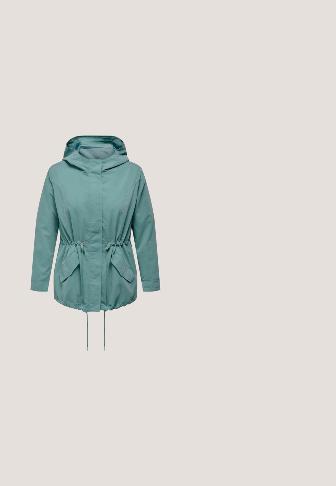 Lichtblauwe, lichtgewicht jas met een capuchon, ingesnoerd taille en twee voorkruiszakken. Heeft trekkoordsluitingen en een gladde stoftextuur.; Mintgroene geribbelde trui met een brede, ronde hals, lange mouwen en een losse pasvorm; gemaakt van zacht gebreid materiaal voor comfort.; Denim flare jeans in medium blauw met een gladde textuur, voorzien van zijzakken en een ritssluiting. Subtiele whisker-details.; Witte platformsneaker met pastelblauwe, roze en lila panelen, witte veters en een metalen gouden hieldetail op een effen achtergrond.; Blauwe, halve ronde handtas van soepel leer met een enkele verstelbare schouderband en een minimalistisch ontwerp. Het oppervlak is glanzend met schone randen.; Twee paren zilveren oorbellen in de vorm van hoepels met een licht geslagen structuur op een witte achtergrond.
