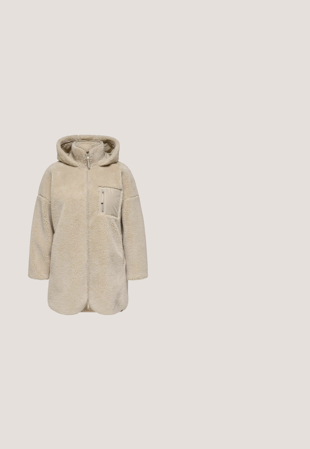 Beige fleecelinjaga kapuutsiga jope, millel on ees lukk, suured taskud ja siledast kangast aktsent rinnataskul. Ümar äär.; Beige ribbattu sweater med bred halsringning, lange ærmer og en afslappet pasform. Tekstureret stof og diskrete syninger på ærmerne.; Siniset farkut leveällä lahkeella keskipitkänä, joissa on sileä pinta, edessä taskut ja vetoketjusulku. Hento kulutuksen yksityiskohta.; Beige nilkkuri, jossa on mokkanahkainen materiaali, ribbimäiset elastiset sivut, litteä pohja ja paksu korko. Pintakuviointi tuo lisää ilmettä.; Beige-värinen suorakaiteen muotoinen tikattu käsilaukku, jossa yläkahva, irrotettava olkahihna, kultainen vetoketju ja pieni kultainen logo etukeskellä.; Hieno kaksikerroksinen kultainen ketjukaulakoru, jossa on tasaisin välein pieniä valkoisia helmiä yksinkertaisella vaalealla taustalla.