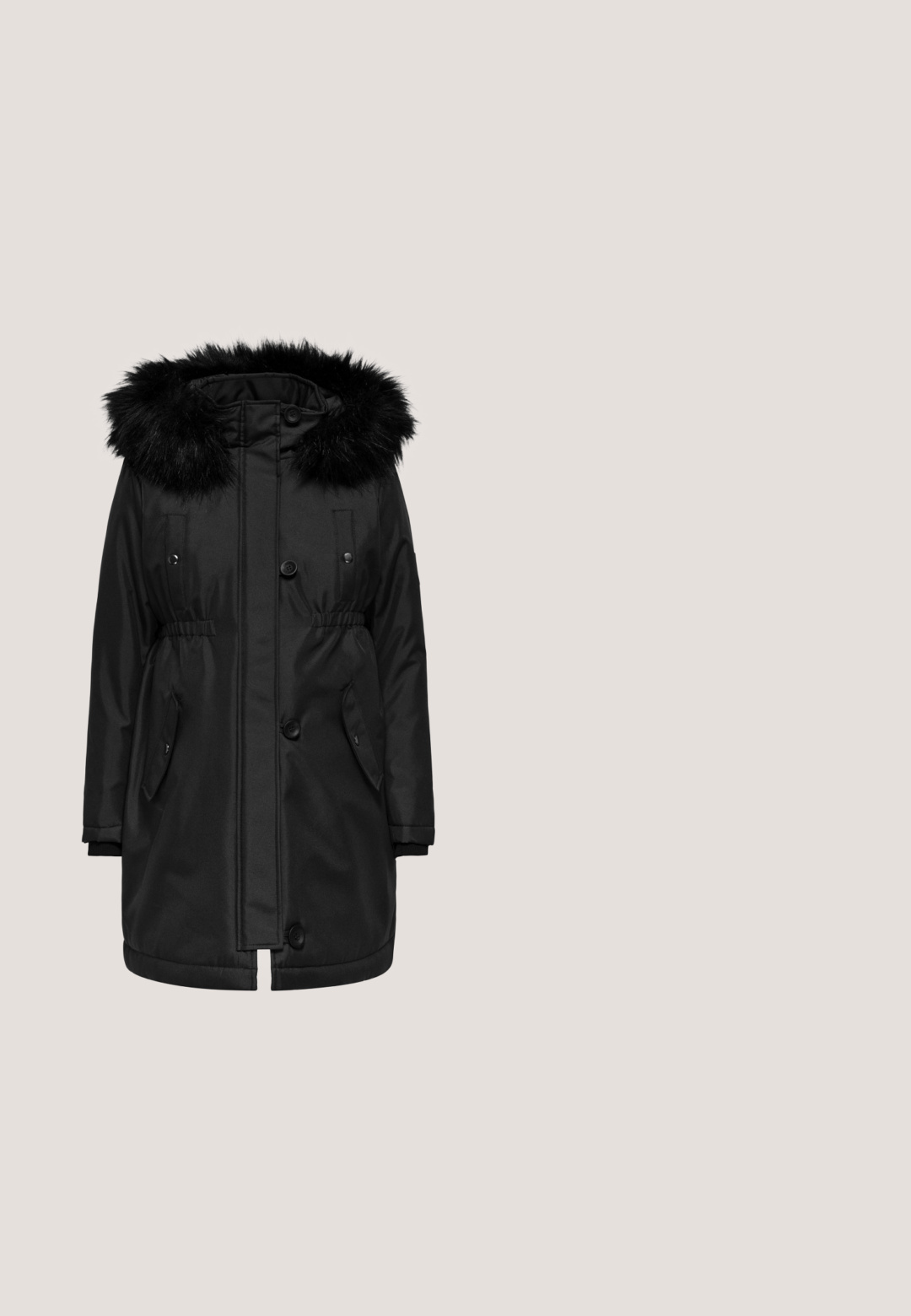 Parka noire avec une capuche doublée en fausse fourrure, taille ajustable par cordon, deux poches avant et fermetures à boutons. Tissu lisse et construction robuste.; MAMALICIOUS MLANDREA TESS  - T-shirt à manches longues - winter moss; Jeans de maternité en denim gris foncé avec une taille élastique grise douce pour plus de confort. Design ajusté avec poches standard.; Baskets en cuir noir avec semelle plateforme blanche, lacets noirs, strass sur le bout et "Love Moschino" embossé sur le côté.; Sac à main seau bleu marine texturé avec une bandoulière unique et une fermeture à logo Guess en métal doré à l'avant.; Collier en chaîne en argent au design torsadé, mettant en valeur de petits maillons en forme de diamant, créant une apparence texturée.