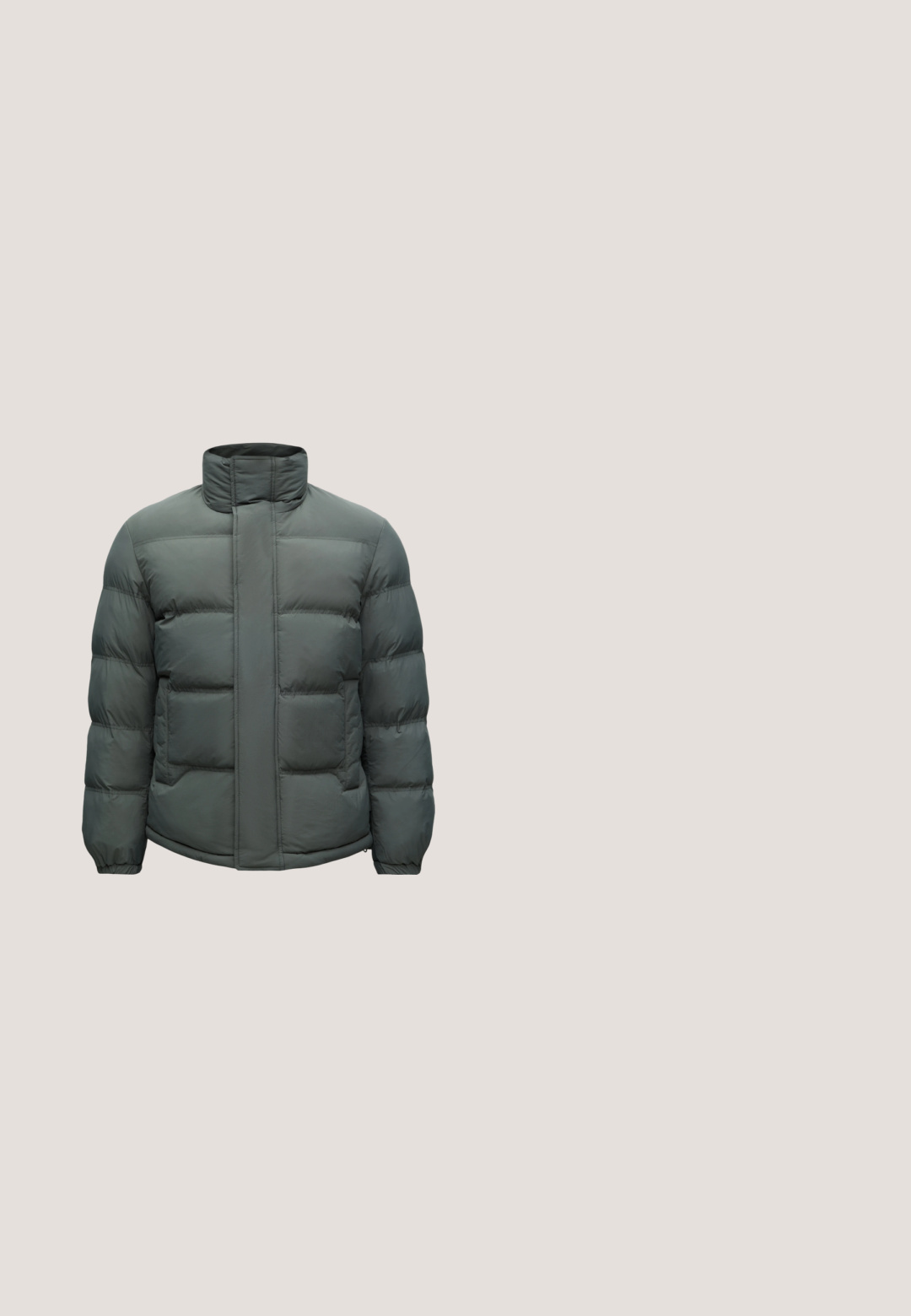Veste d'hiver matelassée gris foncé avec col montant, poignets élastiques et poches avant sur un fond clair uni.; Cardigan en maille gris foncé avec un col montant, une fermeture éclair intégrale et deux poches latérales. Tissu texturé avec des poignets et un ourlet côtelés.; T-shirt blanc à manches courtes avec col rond, avec un petit texte vert "JUICE IT UP Marc O'Polo Denim" sur la partie gauche de la poitrine.; Jean bleu foncé en denim, avec une coupe droite, style cinq poches et des coutures apparentes le long des coutures.; Bottines en daim beige avec un bout arrondi, un col rembourré, six paires d'œillets et une épaisse semelle en caoutchouc présentant un motif strié.; Sac messager noir en nylon avec une finition mate. Il dispose d'une fermeture à rabat, d'une sangle réglable et d'une petite plaque en métal avec logo.