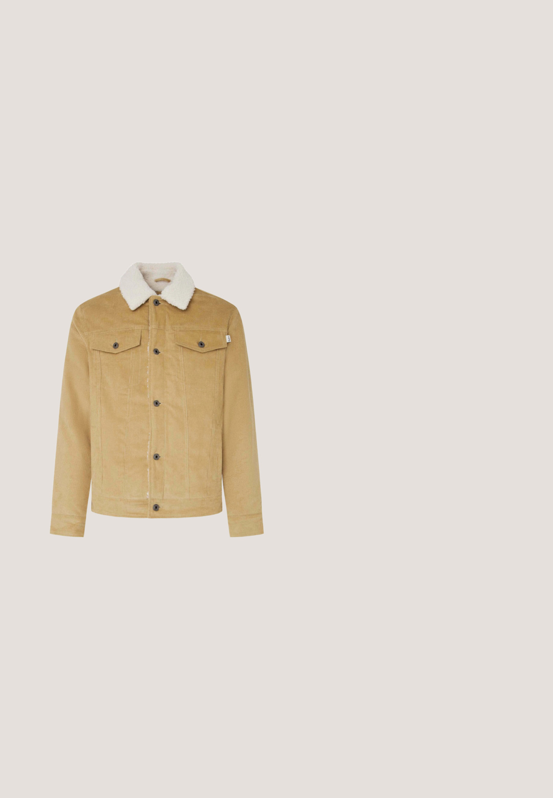 Lysbrun fløjljakke med en blød hvid pelskrave, der har to brystlommer og seks frontknapper. Slank pasform.; Beige halv-zip sweater lavet af et tekstureret strikmateriale. Har en høj krave samt ribbede manchetter og kant for en tætsiddende pasform.; Hvid bomulds t-shirt med rund halsudskæring, korte ærmer og et cirkulært sort grafisk motiv med en karakter på venstre bryst.; Lysblå denimjeans med lige pasform, standard fem-pocket design og lynlås med metalknaplukning.; Brune filtsankelstøvler med rund tå, detaljeret syning, to-huls snøring og en kontrasterende tekstureret sål. Metal logo accent på siden.; Sort rektangulær crossbody taske med lomme foran med lynlås og justerbar rem prydet med mærkens navn.